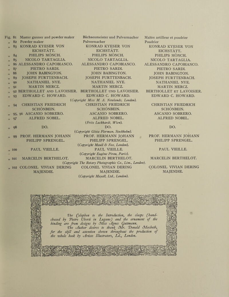 11 Fig. 8l Master gunner and powder maker 82 Powder maker 83 KONRAD KYESER VON EICHSTATT. 84 PHILIPS MONCH. 85 NICOLO TARTAGLIA. 86 ALESSANDRO CAPOBIANCO. 87 PIETRO SARDI. 88 JOHN BABINGTON. 89 JOSEPH FURTTENBACH. 90 NATHANIEL NYE. 91 MARTIN MERCZ. 92 BERTHOLLET AND LAVOISIER 93 EDWARD C. HOWARD. 94 CHRISTIAN FRIEDRICH SCHONBEIN. 95, 96 ASCANIO SOBRERO. 97 ALFRED NOBEL. 98 DO. 99 PROF. HERMANN JOHANN PHILIPP SPRENGEL. 100 PAUL V1EILLE. 101 MARCELIN BERTHELOT. 11 11 102 COLONEL VIVIAN MAJENDIE. Biichsenmeister und Pulvermacher Pulvermacher KONRAD KYESER VON EICHSTATT. PHILIPS MONCH. NICOLO TARTAGLIA. ALESSANDRO CAPOBIANCO. PIETRO SARDI. JOHN BABINGTON. JOSEPH FURTTENBACH. NATHANIEL NYE. MARTIN MERCZ. BERTHOLLET UND LAVOISIER. EDWARD C. HOWARD. (Copyright Miss M. A. Newlands, London). CHRISTIAN FRIEDRICH SCHONBEIN. ASCANIO SOBRERO. ALFRED NOBEL. (Fritz Luckhardt, Wien). DO. (Copyright Gdsta Florman, Stockholm). PROF. HERMANN JOHANN PHILIPP SPRENGEL. (Copyright Maull & Fox, London). PAUL VIEILLE. (Copyright Eugene Pirou, Paris). MARCELIN BERTHELOT. (Copyright The Rotary Photographic Co., Lim., London) DERING COLONEL VIVIAN DERING MAJENDIE. (Copyright Mayall, Ltd., London). Maitre artilleur et poudrier Poudrier KONRAD KYESER VON EICHSTATT. PHILIPS MONCH. NICOLO TARTAGLIA. ALESSANDRO CAPOBIANCO. PIETRO SARDI. JOHN BABINGTON. JOSEPH FURTTENBACH. NATHANIEL NYE. MARTIN MERCZ. BERTHOLLET ET LAVOISIER. EDWARD C. HOWARD. CHRISTIAN FRIEDRICH SCHONBEIN. ASCANIO SOBRERO. ALFRED NOBEL. DO. PROF. HERMANN JOHANN PHILIPP SPRENGEL. PAUL VIEILLE. MARCELIN BERTHELOT. COLONEL VIVIAN DERING MAJENDIE. The Qolophon to the Introduction, the clasps (hand- chased hy Pietro Uberti in Lugano) and the ornament of the binding are from designs by Miss Agnes Quttmann. The ^Author desires to thank^ Mr. Donald (Macbeth, for the shill and attention shown throughout the production of the whole book by Artists Illustrators, I A., London.