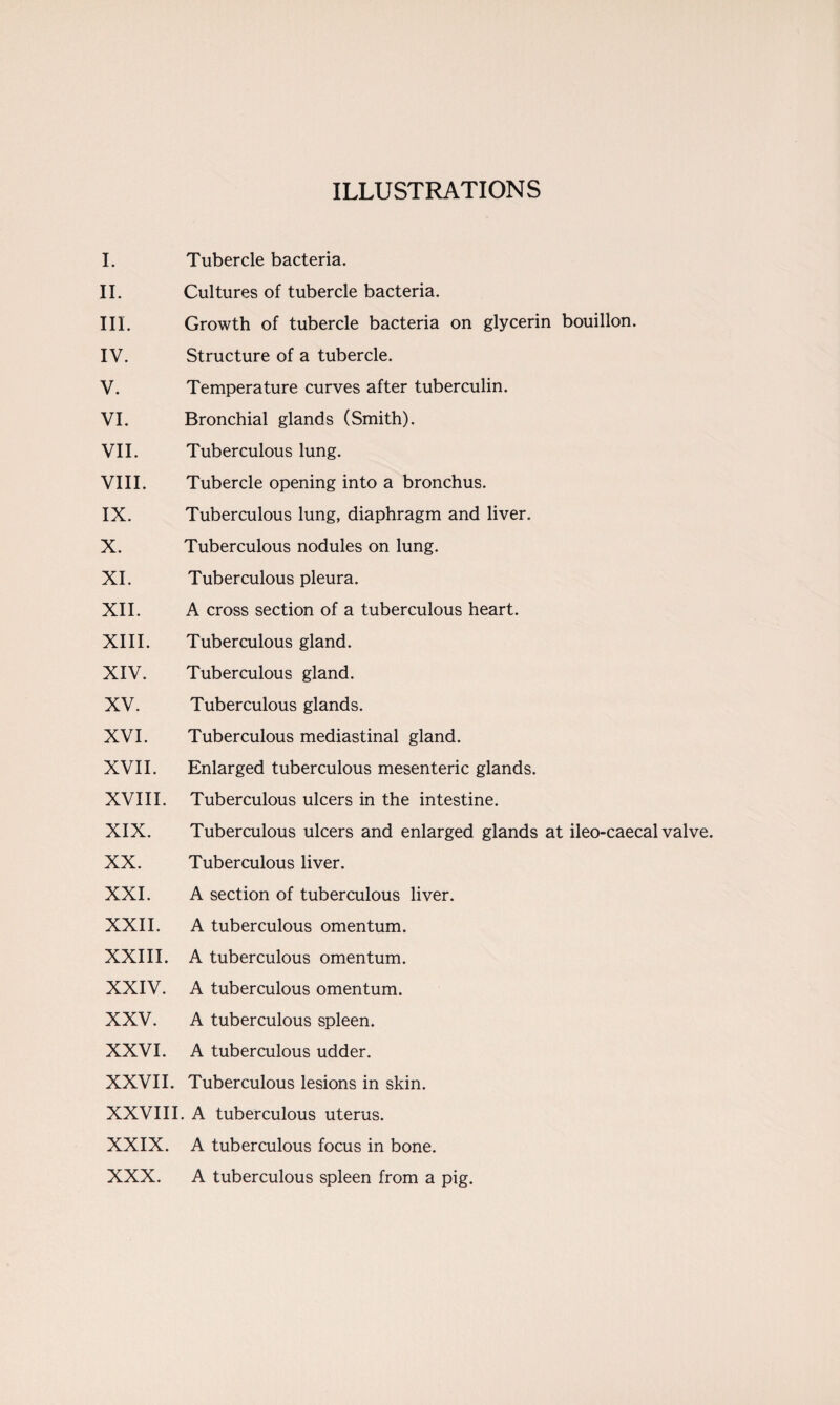 ILLUSTRATIONS I. II. ill. IV. v. VI. VII. VIII. IX. x. XI. XII. XIII. XIV. XV. XVI. XVII. XVIII. XIX. XX. XXI. XXII. XXIII. XXIV. XXV. XXVI. XXVII. Tubercle bacteria. Cultures of tubercle bacteria. Growth of tubercle bacteria on glycerin bouillon. Structure of a tubercle. Temperature curves after tuberculin. Bronchial glands (Smith). Tuberculous lung. Tubercle opening into a bronchus. Tuberculous lung, diaphragm and liver. Tuberculous nodules on lung. Tuberculous pleura. A cross section of a tuberculous heart. Tuberculous gland. Tuberculous gland. Tuberculous glands. Tuberculous mediastinal gland. Enlarged tuberculous mesenteric glands. Tuberculous ulcers in the intestine. Tuberculous ulcers and enlarged glands at ileo-caecal valve. Tuberculous liver. A section of tuberculous liver. A tuberculous omentum. A tuberculous omentum. A tuberculous omentum. A tuberculous spleen. A tuberculous udder. Tuberculous lesions in skin. XXVIII. A tuberculous uterus. XXIX. A tuberculous focus in bone. XXX. A tuberculous spleen from a pig.