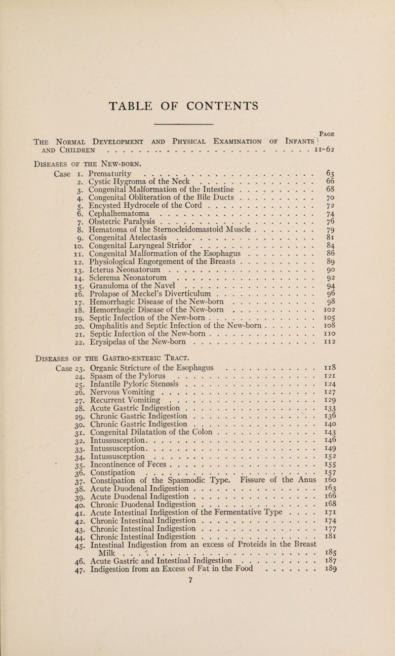 TABLE OF CONTENTS Page The Normal Development and Physical Examination of Infants i AND Children . 11-62 Diseases of the New-born. Case I. Prematurity . 63 2. Cystic Hygroma of the Neck. 66 3. Congenital Malformation of the Intestine. 68 4. Congenital Obliteration of the Bile Ducts. 70 5. Encysted Hydrocele of the Cord. 72 6. Cephalhematoma . 74 7. Obstetric Paralysis. 76 8. Hematoma of the Sternocleidomastoid Muscle. 79 9. Congenital Atelectasis. 81 10. Congenital Laryngeal Stridor. 84 11. Congenital Malformation of the Esophagus. 86 12. Physiological Engorgement of the Breasts. 89 13. Icterus Neonatorum. 90 14. Sclerema Neonatorum . 92 15. Granuloma of the Navel. 94 16. Prolapse of Meckel’s Diverticulum. 96 17. Hemorrhagic Disease of the New-born. 98 18. Hemorrhagic Disease of the New-born.102 19. Septic Infection of the New-born.105 20. Omphalitis and Septic Infection of the New-born.108 21. Septic Infection of the New-born.no 22. Erysipelas of the New-born.112 Diseases of the Gastro-enteric Tract. Case 23. Organic Stricture of the Esophagus .118 24. Spasm of the Pylorus .121 25. Infantile Pyloric Stenosis.124 26. Nervous Vomiting.127 27. Recurrent Vomiting.129 28. Acute Gastric Indigestion.133 29. Chronic Gastric Indigestion.136 30. Chronic Gastric Indigestion.140 31. Congenital Dilatation of the Colon.143 32. Intussusception. 146 33. Intussusception.i49 34. Intussusception.152 35. Incontinence of Feces.i5S 36. Constipation .i57 37. Constipation of the Spasmodic Type. Fissure of the Anus 160 38. Acute Duodenal Indigestion.163 39. Acute Duodenal Indigestion.166 40. Chronic Duodenal Indigestion.168 41. Acute Intestinal Indigestion of the Fermentative Type .... 171 42. Chronic Intestinal Indigestion.174 43. Chronic Intestinal Indigestion. 177 44. Chronic Intestinal Indigestion.^.181 45. Intestinal Indigestion from an excess of Proteids in the Breast Milk 18s 46. Acute Gastric and Intestinal Indigestion.187 47. Indigestion from an Excess of Fat in the Food .189