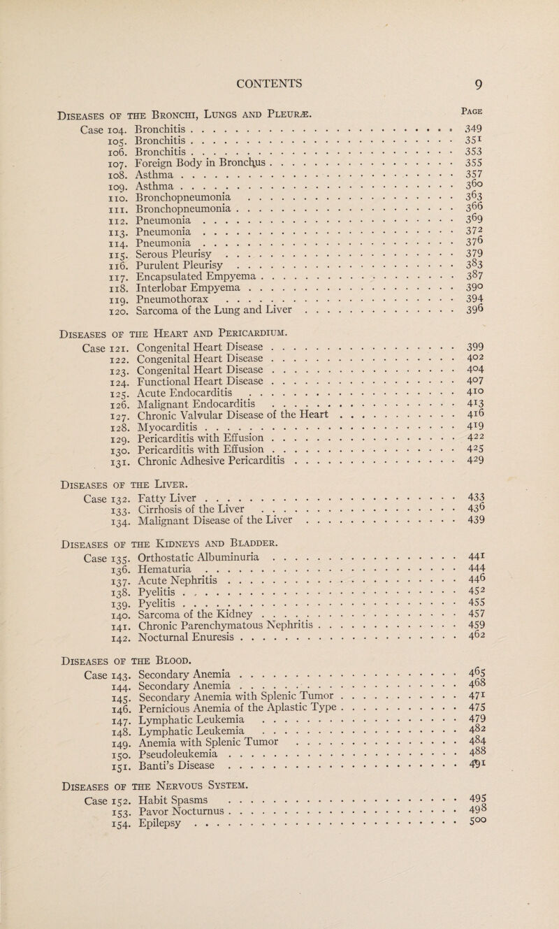 Diseases oe the Bronchi, Lungs and Pleura. Case 104. Bronchitis.349 105. Bronchitis.35i 106. Bronchitis.353 107. Foreign Body in Broncttus.355 108. Asthma. 357 109. Asthma.36<3 no. Bronchopneumonia .3^3 111. Bronchopneumonia.3^^ 112. Pneumonia.3^9 113. Pneumonia.. 114. Pneumonia.37^ 115. Serous Pleurisy.379 116. Purulent Pleurisy.383 117. Encapsulated Empyema.387 118. Interlobar Empyema.39^ 119. Pneumothorax . ..394 120. Sarcoma of the Lung and Liver.39^ Diseases of the Heart and Pericardium. Case 121. Congenital Heart Disease.399 122. Congenital Heart Disease.402 123. Congenital Heart Disease.4^4 124. Functional Heart Disease.4^7 125. Acute Endocarditis .410 126. Malignant Endocarditis .4^3 127. Chronic Valvular Disease of the Heart.41S 128. Alyocarditis ..4t9 129. Pericarditis with Effusion.422 130. Pericarditis with Effusion.425 131. Chronic Adhesive Pericarditis.429 Diseases of the Liver. Case 132. Fatty Liver.433 133. Cirrhosis of the Liver .43b 134. Malignant Disease of the Liver.439 Diseases of the Kidneys and Bladder. Case 135. Orthostatic Albuminuria.441 136. Hematuria.444 137. Acute Nephritis.44b 138. Pyelitis . ..452 139. Pyelitis.455 140. Sarcoma of the Kidney . . . . 457 141. Chronic Parenchymatous Nephritis.459 142. Nocturnal Enuresis.4b2 Diseases of the Blood. Case 143. Secondary Anemia. 144. Secondary Anemia.. . . . . 145. Secondary Anemia with Splenic Tumor . 146. Pernicious Anemia of the Aplastic Type . 147. Lymphatic Leukemia . 148. Lymphatic Leukemia . 149. Anemia with Splenic Tumor . 150. Pseudoleukemia. 151. Banti’s Disease. 4b5 468 471 475 479 482 484 488 4^1 Diseases of the Nervous System. Case 152. Habit Spasms . . 153. Pavor Nocturnus . , 154. Epilepsy. 495 498 500