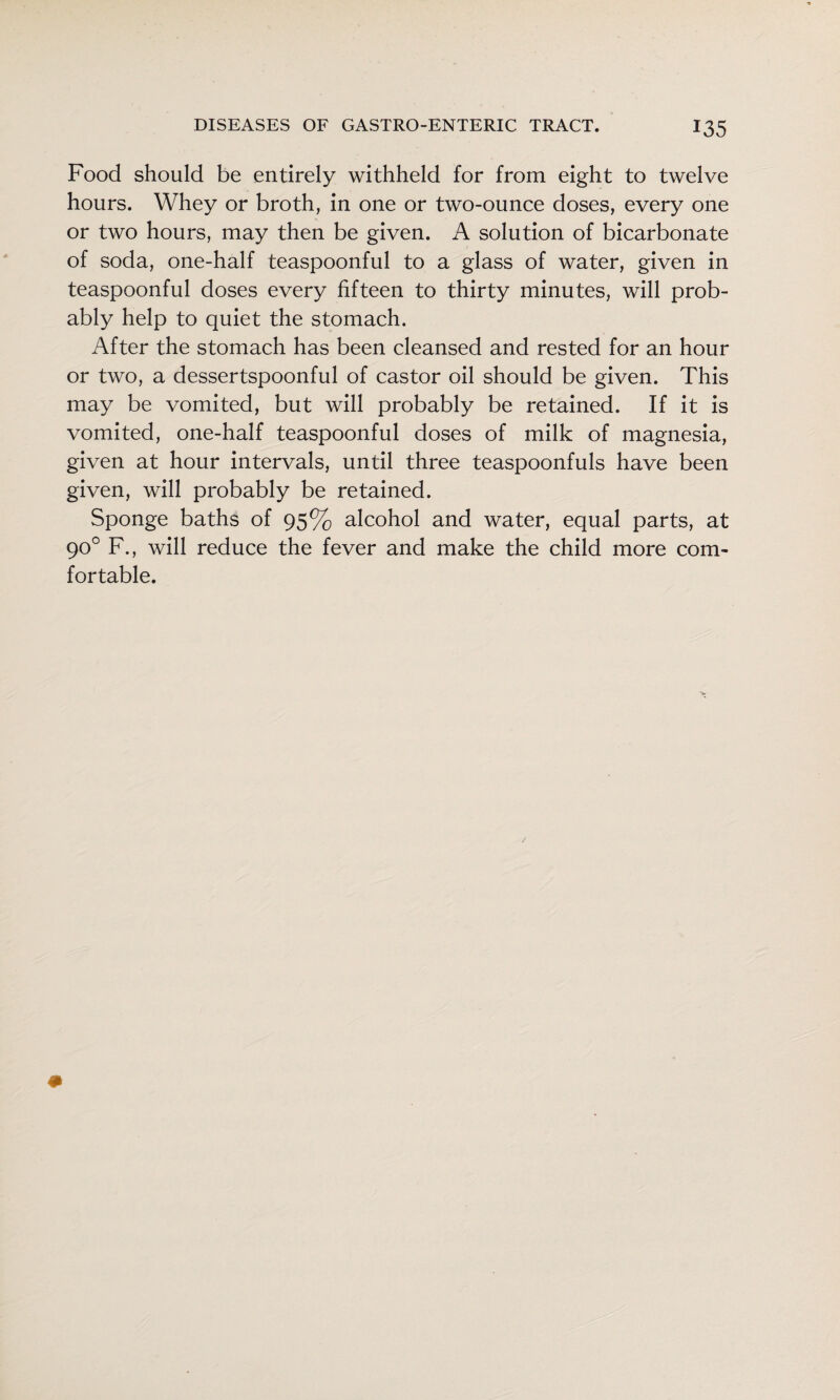 Food should be entirely withheld for from eight to twelve hours. Whey or broth, in one or two-ounce doses, every one or two hours, may then be given. A solution of bicarbonate of soda, one-half teaspoonful to a glass of water, given in teaspoonful doses every fifteen to thirty minutes, will prob¬ ably help to quiet the stomach. After the stomach has been cleansed and rested for an hour or two, a dessertspoonful of castor oil should be given. This may be vomited, but will probably be retained. If it is vomited, one-half teaspoonful doses of milk of magnesia, given at hour intervals, until three teaspoonfuls have been given, will probably be retained. Sponge baths of 95% alcohol and water, equal parts, at 90° F., will reduce the fever and make the child more com¬ fortable.
