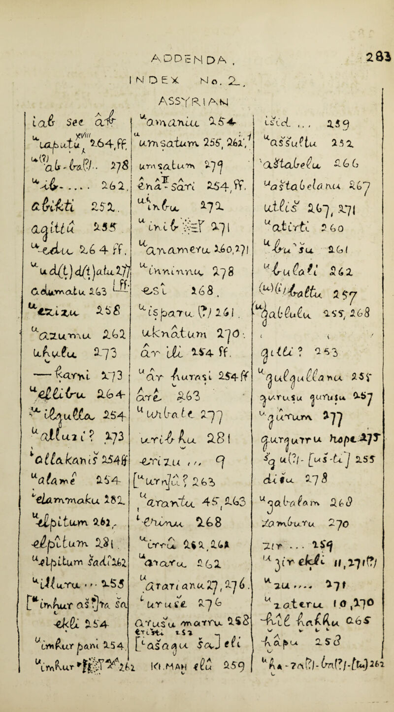 ia& set air u. , A«' , . ~ u-tu ( 5-6 4, ff, ^■a^ir^l- 2]8 . 262, abikti 251. laittu S-S5 -CtLix. 2,6 4 ff,1 ^ addenda INDEX Mo, 2 ASSYRIAN a >H dTllu, lS4r 2&1 u- u. U d/t| c(/t jata if] CLfllu,rra.tu 263 t~ A$8 U. Ct u (ZXu.'^'vtx *L<o2 U^v^u. 2-73 — i 173 uejltHru. 264 ^ i-^4 u,C(xc 254 u aifuii? 173 t vCita.k.M\tf 254# “ata^t 264- 4 i/eLar)\'maku 482. ^ifyituTK X2[ ; wiUuXiX-^S$ *L*r\hut asfjta. sa 264 a i 4 am Saturn 26*6' 26z‘, • * urnsatu^ 29^ 4n5.?Sarc 2$4,ff. 4 rv 6-u. 27 4 uYxt& Vy=r 271 Cirvavneru, X.6 oi~/i IHvunntv 278 Asi. 168, S'sjoartc l?/ 261, u-knatum I'jo-. ar tii. 244 ff, uctr -AuT'rtSt 264 (if crre, 263 uU/i(m£6 277 ixri-& Au. 2.8 f -A.TIXU , [wxrrv]8? 263 u ' (X^toJje^LL 26 6 i-sVcf ,., 15g Ltas'su?tu u uasta(>el<3 t\u 267 U,t-^is 2.67, 271 U at Crt<! 5 60 161 u (IrMRuTT 2.54, <£Ta ntcc 4 6» ^Ua3 i * ^ Chjsnj^ iL 8 ^LTT^, CUQ. £k* U <*>aYu. 2G2 u Atari anu.ZJ(Zj(y. Luru££ ^7^ O-Yusu omatru. iS8 tTCFU l^asa^u uim^ur aaA^x Klmah 259 * ilt ^ Irud-Citl 262 (u)(i>i-atti -u 2 67 ^jai'^u^u 166,268 t \ <ai<£t ? 263 riU l^ruSu ^aruju O.Sy uSj. u^Lcm ft7? ^ur^uTru K6()i.£]T u.(?/ - [us-U j X55 275 u^atr^am 2.^(9 ^ Tntu.Yu 2yo uyrekti utl7ity w. XU *7* u x at tru t O , V)^ &6S* txaj^u. 2S(j uA*-?n\>l-(mV/-ttu)26l