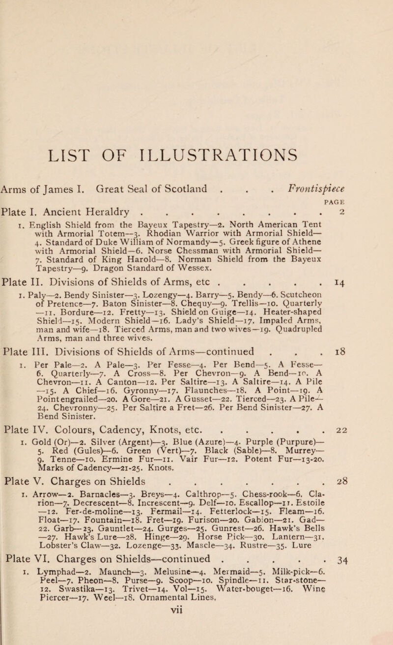 LIST OF ILLUSTRATIONS Arms of James I. Great Seal of Scotland . . . Frontispiece PAGE Plate I. Ancient Heraldry ........ 2 1. English Shield from the Bayeux Tapestry—2. North American Tent with Armorial Totem—3. Rhodian Warrior with Armorial Shield— 4. Standard of Duke William of Normandy—5. Greek figure of Athene with Armorial Shield—6. Norse Chessman with Armorial Shield— 7. Standard of King Harold—8. Norman Shield from the Bayeux Tapestry—9. Dragon Standard of Wessex. Plate II. Divisions of Shields of Arms, etc . . . . .14 1. Paly—2. Bendy Sinister—3. Lozengy—4. Barry—5. Bendy—6. Scutcheon of Pretence—7. Baton Sinister—8. Chequy—9. Trellis—10. Quarterly —11. Bordure—12. Fretty—13. Shield on Guige—14. Heater-shaped Shield—15. Modern Shield—16. Lady’s Shield—17. Impaled Arms, man and wife—18. Tierced Arms, man and two wives—19. Quadrupled Arms, man and three wives. Plate III. Divisions of Shields of Arms—continued . . .18 1. Per Pale—2. A Pale—3. Per Fesse—4. Per Bend—5. A Fesse— 6. Quarterly—7. A Cross—8. Per Chevron—9. A Bend—10. A Chevron—11. A Canton—12. Per Saltire—13. A Saltire—14. A Pile —15. A Chief—16. Gyronny—17. Flaunches—18. A Point—19. A Point engrailed—20. A Gore—21. A Gusset—22. Tierced—23. A Pile-^- 24. Chevronny—25. Per Saltire a Fret—26. Per Bend Sinister—27. A Bend Sinister. Plate IV. Colours, Cadency, Knots, etc. . . . . .22 1. Gold (Or)—2. Silver (Argent)—3. Blue (Azure)—4. Purple (Purpure)— 5. Red (Gules)—6. Green (Vert)—7. Black (Sable)—8. Murrey— 9. Tenne—10. Ermine Fur—n. Vair Fur—12. Potent Fur—13-20. Marks of Cadency—21-25. Knots. Plate V. Charges on Shields ....... 28 1. Arrow—2. Barnacles—3. Breys—4. Calthrop—5. Chess-rook—6. Cla¬ rion—7, Decrescent—8. Increscent—9. Delf—10. Escallop—u.Estoile —12. Fer-de-moline—13. Fermail—14. Fetterlock—15. Fleam—16. Float—17. Fountain—18. Fret—19. Furison—20. Gabion—21. Gad— 22. Garb—23. Gauntlet—24. Gurges—25. Gunrest—26. Hawk’s Bells —27. Hawk’s Lure—28. Hinge—29. Horse Pick—30. Lantern—31. Lobster’s Claw—32. Lozenge—33. Mascle—34. Rustre—35. Lure Plate VI. Charges on Shields—continued . . . . *34 1. Lymphad—2. Maunch—3. Melusine—4. Mermaid—5. Milk-pick—6. Peel—7. Pheon—8. Purse—9. Scoop—10. Spindle—11. Star-stone— 12. Swastika—13. Trivet—14. Vol—15. Water-bouget—16. Wine Piercer—17. Weel—18. Ornamental Lines,