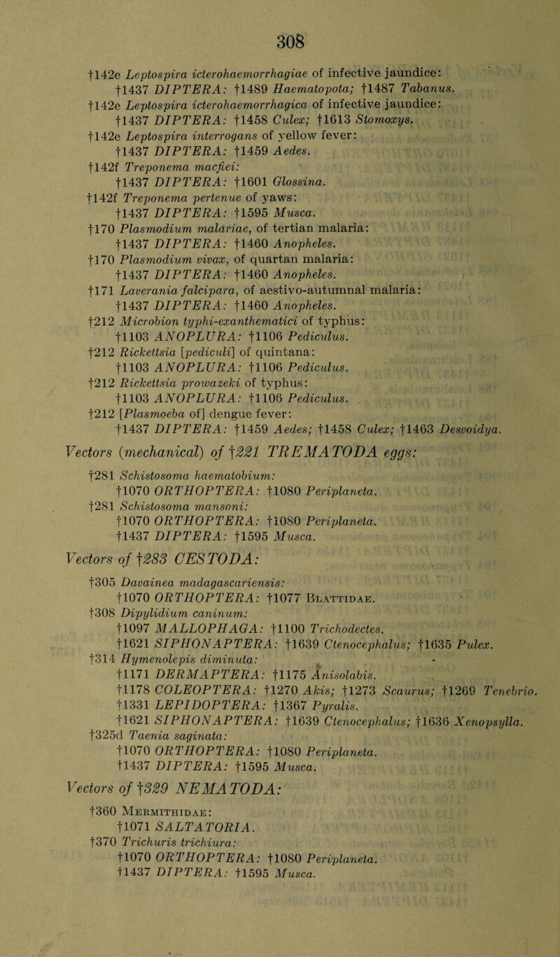 f 142e Leptospira icierohaemorrhagiae of infective jaundice: fl437 DIPTERA: fl489 Haematopota; fl487 Tabanus. |142e Leptospira icterohaemorrhagica of infective jaundice: 11437 DIPTERA: jl458 Culex; 11613 Stomoxys. fl42e Leptospira interrogans of yellow fever: fl437 DIPTERA: fl459 Aedes. |142f Treponema macfiei: fl437 DIPTERA: f 1601 Glossina. 1142f Treponema pertenue of yaws: fl437 DIPTERA: fl595 Musca. -j-170 Plasmodium malariae, of tertian malaria: fl437 DIPTERA: fl460 Anopheles. f 170 Plasmodium vivax, of quartan malaria: fl437 DIPTERA: fl460 Anopheles. f 171 Laverania falcipara, of aestivo-autumnal malaria: 11437 DIPTERA: fl460 Anopheles. f212 Microbion typhi-exanthematici of typhus: 11103 ANOPLURA: |1106 Pediculus. f212 Rickettsia [pediculi] of quintana: f 1103 ANOPLURA: fll06 Pediculus. f212 Rickettsia prowazeki of typhus: f 1103 ANOPLURA: fllOh Pediculus. f212 [Plasmoeba of] dengue fever: fl437 DIPTERA: fl459 Aedes; |1458 Culex; fl463 Desvoidya. Vectors (mechanical) oj \221 TREMATODA eggs: |281 Schistosoma haematobium: fl070 ORTHOPTERA: fl080 Periplaneta. f281 Schistosoma mansoni: fl070 ORTHOPTERA: f!080 Periplaneta. |1437 DIPTERA: fl595 Musca. Vectors of f283 CES TOD A: f305 Davainea madagascariensis: fl070 ORTHOPTERA: fl077 Blattidae. f308 Dipylidium caninum: fl097 MALLOPH AG A: fllOO Trichodectes. f 1621 SIPHONAPTERA: fl639 Ctenocephalus; fl635 Pulex. j314 Hymenolepis diminuta: 11171 DERMAPTERA: f 1175 Anisolabis. |1178 COLEOPTERA: fl270 Akis; |1273 Scaurus; fl269 Tenebrio. 11331 LEPIDOPTERA: fl367 Pyralis. f 1621 SIPHONAPTERA: fl639 Ctenocephalus; f 1636 Xenopsylla. f325d Taenia saginata: fl070 ORTHOPTERA: fl080 Periplaneta. t!437 DIPTERA: fl595 Musca. Vectors oj ]329 NEMATODA: f360 Mermithidae: 11071 SALTATORIA. f370 Trichuris trichiura: tl070 ORTHOPTERA: fl080 Periplaneta. 11437 DIPTERA: tl595 Musca.