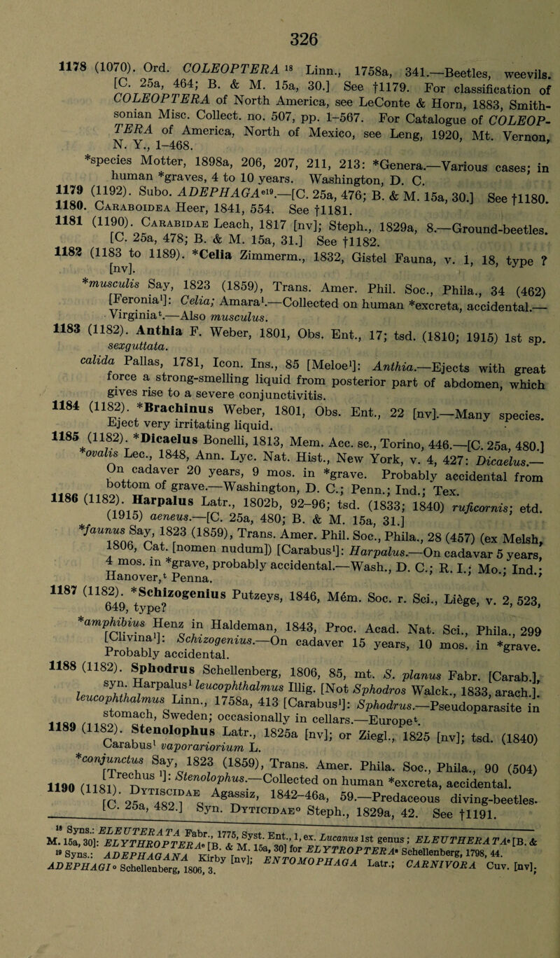 1178 (1070). Ord. COLEOPTERA ■» Linn., 1758a, 341,-Beetles, weevils. 464; B' & M- 15a> 30.] See fll79. For classification of COLEOPTERA of North America, see LeConte & Horn, 1883, Smith¬ sonian Misc. Collect, no. 507, pp. 1-567. For Catalogue of COLEOP¬ TERA of America, North of Mexico, see Leng, 1920, Mt. Vernon, Ni Y,j 1 408, Species Motter, 1898a, 206, 207, 211, 213: *Genera.-Various cases; in human *graves, 4 to 10 years. Washington, D. C. JJ™ Subo* ADEPHAGA*is.—[C. 25a, 476; B. & M. 15a, 30.] See fll80. 1180. Garaboidea Heer, 1841, 554. See fll81. 1181 (1190) Carabidae Leach, 1817 [nv]; Steph., 1829a, 8.—Ground-beetles. [C. 25a, 478; B. & M. 15a, 31.] See fll82. 1183 (1183 to 1189). * Celia Zimmerm., 1832, Gistel Fauna, v. 1, 18, type ? [nv]. *musculis Say, 1823 (1859), Trans. Amer. Phil. Soc., Phila., 34 (462) [Feroma1]: Celia; Amara1.—Collected on human *excreta, accidental.— Virginia*.—Also musculus. 1183 (1182). Anthla F. Weber, 1801, Obs. Ent., 17; tsd. (1810; 1915) 1st sp sexguttata. calida Pallas 1781, Icon. Ins., 85 [Meloe'J: Anthia.-EjecU with great force a strong-smelling liquid from posterior part of abdomen, which gives rise to a severe conjunctivitis. 1184 (1182). *Brachimis Weber, 1801, Obs. Ent., 22 [nv].-Many species. Lject very irritating liquid. 1185 (1182). *Dicaelus Bonelli, 1813, Mem. Acc. sc., Torino, 446.-[C. 25a, 480 1 ovahs Lee., 1848, Ann. Lyc. Nat. Hist., New York, v. 4, 427: Dicaelus.— n cadaver 20 years, 9 mos. in *grave. Probably accidental from ««« n,h T grave. Washington, D. C.; Penn.; Ind.; Tex. 1186 (1182L Harpalus Latr., 1802b, 92-96; tsd. (1833; 1840) ruficornis; etd. (1915) aeneus.—[C. 25a, 480; B. & M. 15a, 31 ] */« Say, 1823 (1859), Trans. Amer. Phil. Soc., Phila., 28 (457) (ex Melsh, 1806, Cat [nomen nudum]) [Carabusi]: Harpalus.—On cadavar 5 years, 4 mos. in grave, probably accidental.—Wash., D. C.; R. I.; Mo • Ind * ilanover,* Penna. *' *' 1187 (1182). *Schizogenius Putzeys, 1846, M6m. Soc. r. Sci., Li5ge, v. 2, 523, 649, type? ’ *amphibius Henz in Haldeman, 1843, Proc. Acad. Nat. Sci., Phila., 299 [Clmna]: Schizogenius.—On cadaver 15 years, 10 mos. in *grave Probably accidental. 8 1188 (1182). Sphodrus Schellenberg, 1806, 85, mt. S. planus Fabr. [Carab.], leurn7™, ileucoVhthalmus Illig. [Not Sphodros Walck., 1833, arach.]. ZllT% 7 ’ 413 ICarabus'l; Sphodrus.—Pseudoparasite in ii«o dll !!h) Sweden; occasionally in cellars.—Europe*. 1189 (1182). Stenolophus Latr., 1825a [nv]; or Ziegl., 1825 [nv]; tsd. (1840) Carabus1 vaporariorium L. ' say, 1823 (1859), Trans. Amer. Phila. Soc., Phila., 90 (504) 1190 f 11811 r>US Stenol°Phus-—'Collected on human *excreta, accidental. 1190 (1181). Agassiz, 1842-46a, 59,-Predaceous diving-beetles- [C. 25a, 482.] Syn. Dyticidae° Steph., 1829a, 42. See fll91. 18 Syns.: ELETJTERATA Fabr 1775 Ent i a-r t M. 15a, 30): ELYTHROPTERA.ln Lucan,,, 1st genus ; ELEUTHERA TA-[B. & » Syis ADEPHAa A * M) 15a 30> ,or ELYTROPTERA- Schellenberg, 1798, 44. ADEFHAOl, Schellenberg, 1808, 3 7 ^ BNT0M0PH^A Latr.; CARNIVORA Cuv. [nv].