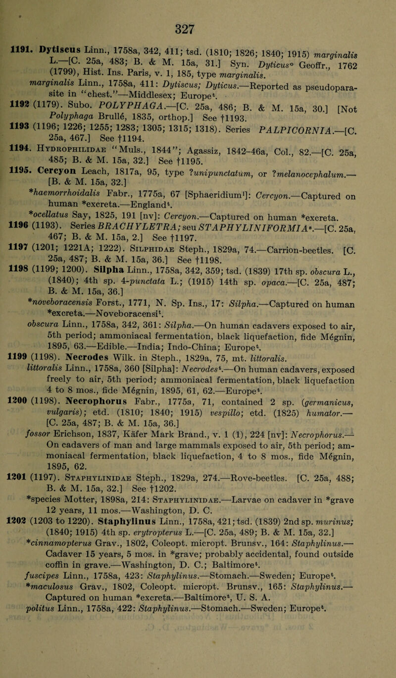 1191. Dytiscus Linn., 1758a, 342, 411; tsd. (1810; 1826; 1840; 1915) marginalis k/ 483^ B- & M- 15a, 31.] Syn. Dyticus0 Geoffr., 1762 (1799), Hist. Ins. Paris, v. 1, 185, tvpe marginalia. marginalis Linn., 1758a, 411: Dytiscus; Dyticus.—Reported as pseudopara- site in “chest.”—Middlesex; Europe*. 1192 (1179). Subo. POLYPHAGA.—[C. 25a, 486; B. & M. 15a, 30.] [Not Polyphaga Brull6, 1835, orthop.] See fll93. 1193 (1196; 1226; 1255; 1283; 1305; 1315; 1318). Series PALPICORNIA.—\C. 25a, 467.] See fll94. 1194. Hydrophilidae “Muls., 1844”; Agassiz, 1842-46a, Col., 82.—[C. 25a 485; B. & M. 15a, 32.] See fll95. 1195. Cercyon Leach, 1817a, 95, type ‘lunipunctatum, or ‘Imelanocephalum.— [B. & M. 15a, 32.] *haemorrhoidalis Fabr., 1775a, 67 [Sphaeridium1]: Cercyon.—Captured on human *excreta.—England*. *ocellatus Say, 1825, 191 [nv]: Cercyon.—Captured on human *excreta. 1196 (1193). Series BRACHYLETRA; seu STAPHYLINIFORMIA8.—[C. 25a 467; B. & M. 15a, 2.] See fll97. 1197 (1201; 1221A; 1222). Silphidae Steph., 1829a, 74.—Carrion-beetles. [C. 25a, 487; B. & M. 15a, 36.] See fll98. 1198 (1199; 1200). Silpha Linn., 1758a, 342, 359; tsd. (1839) 17th sp. obscura L., (1840); 4th sp. 4-punctata L.; (1915) 14th sp. opaca.—[C. 25a, 487; B. & M. 15a, 36.] *noveboracensis Forst., 1771, N. Sp. Ins., 17: Silpha.—Captured on human *excreta.—Noveboracensi*. obscura Linn., 1758a, 342, 361: Silpha.—On human cadavers exposed to air, 5th period; ammoniacal fermentation, black liquefaction, fide Megnin, 1895, 63.—Edible.—India; Indo-China; Europe*. 1199 (1198). Necrodes Wilk. in Steph., 1829a, 75, mt. littoralis. littoralis Linn., 1758a, 360 [Silpha]: Necrodes*.—On human cadavers, exposed freely to air, 5th period; ammoniacal fermentation, black liquefaction 4 to 8 mos., fide Megnin, 1895, 61, 62.—Europe*. 1200 (1198). Necrophorus Fabr., 1775a, 71, contained 2 sp. (germanicus, vulgaris)', etd. (1810; 1840; 1915) vespillo; etd. (1825) humator.— [C. 25a, 487; B. & M. 15a, 36.] fossor Erichson, 1837, Kafer Mark Brand., v. 1 (1), 224 [nv]: Necrophorus.— On cadavers of man and large mammals exposed to air, 5th period; am¬ moniacal fermentation, black liquefaction, 4 to 8 mos., fide Megnin, 1895, 62. 1201 (1197). Staphylinidae Steph., 1829a, 274.—Rove-beetles. [C. 25a, 488; B. & M. 15a, 32.] See fl202. *species Motter, 1898a, 214: Staphylinidae.—Larvae on cadaver in *grave 12 years, 11 mos.—Washington, D. C. 1202 (1203 to 1220). Staphylinus Linn., 1758a, 421; tsd. (1839) 2nd sp. murinus; (1840; 1915) 4th sp. erytropterus L.—[C. 25a, 489; B. & M. 15a, 32.] *cinnamopterus Grav., 1802, Coleopt. micropt. Brunsv., 164: Staphylinus.— Cadaver 15 years, 5 mos. in *grave; probably accidental, found outside coffin in grave.—Washington, D. C.; Baltimore*. fuscipes Linn., 1758a, 423: Staphylinus.—Stomach.—Sweden; Europe*. *maculosus Grav., 1802, Coleopt. micropt. Brunsv., 165: Staphylinus.— Captured on human *excreta.—Baltimore*, U. S. A. politus Linn., 1758a, 422: Staphylinus.—Stomach.—Sweden; Europe*.