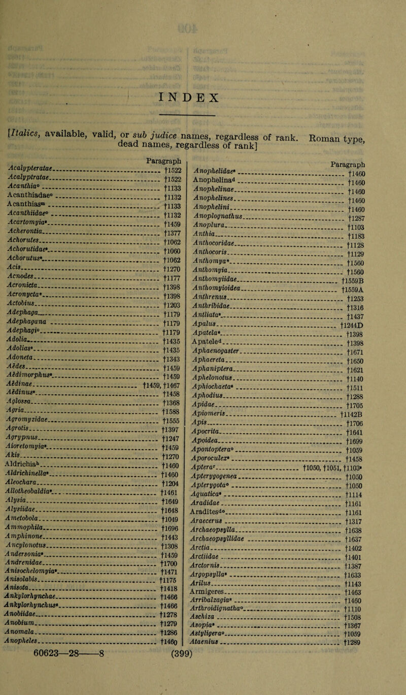 INDEX [Italics, available, valid, or sub judice names, regardless of rank. Roman tyne dead names, regardless of rank] ’ Acalypteratae... Acalyptratae.... Acanthia0. Acanthiadae0 .. Acanthias™ .... Acanthiidae0_ Acartomyia•_ Acherontia_ Achorutes. Achorutidae•_ Achorutm*_ Acis_ Acnodes. Acronicta. Acronyctae_ Adobius...._ Adephaga_ Adephagana_ Adephagi0_ Adolia.. Adolias8. Adoneta. Aedes.. Aedimorphus•___ Aedinae.. Aedinus•.. Aglossa. Agria.. Agromyzidae_ Agrotis. Agrypnus_ Aioretomyia•_ Akis. Aldriehiab. Aldrichinella»_ Aleochara_ Allotheobaldia*... Alysia.. Alysiidae.. Ametobola.. Ammophila_ Amphinone_ Ancylonotus_ Ander sonia*_ Andrenidae. Anisochelomyia•_ Anisolabis_ Anisota. Ankylorhynchae.. Ankylorhynchus*. Anobiidae. Anobium_ Anomala.. Anopheles. Paragraph . tl522 -.tl522 . t1133 ..11132 . tll33 . fll32 . fl459 ..fl377 . fl062 . tioeo . fl062 . 11270 . fll77 _ t1398 . tl398 . tl203 . tll79 . t1179 . t1179 . fl435 _ 11435 . t1343 . fl459 . fl459 11459, fl467 . tl458 . fl368 . fl588 . t1555 . 11397 . fl247 . fl459 . tl270 . fl460 _ fl460 . tl204 _ tl461 . fl649 . tl648 . tl049 . tl696 . fl443 _ tl308 _ tl459 _ fl700 _ fl471 - tll75 _ fl4l8 _ tl466 _ tl466 .... fl278 _ 11279 _ tl286 - tl46o Anophelidae•.. Anophelinad ... Anophelinae_ Anophelines_ Anophelini_ Anoplognathus. Anoplura... Anthia_ Anthocoridae.... Anthocoris.. Anthomya*. Anlhomyia_ Anlhomyiidae... Anthomyioidea.. Anthrenus_ Anthribidae. Antliata•_. Apalus_ Apatela•. Apateled. Aphaenogaster.. Aphaereta_ Aphaniptera.... Aphelonotus.... Aphiochaeta• ... Aphodius. Apidae. Apiomeris. Apis. Apocrita... Apoidea. Aponloptera0 ... Aporoculex•_ Apterar. Apterygogenea .. Apterygota0 .... Aquatica•. Aradidae. Araditesdo. Araecerus. Archaeopsylla... Archaeopsyllidae Arctia.. Arcliidae_ Ardor nis.. Argopsylla•. Arilus.. Armigeres. Arribalzagiae_ Arthroidignalha0. Aschiza. Asopia».. Astyligera0. Ataenius.. (399) Paragraph . 11460 .. tl460 . tl460 . tl460 . fl460 .. fl287 . t1103 . t1183 . 1-112S . t1129 ..|1560 ... 11560 .. fl559B . t1559A ..fl253 .. fl316 .. fl437 .. H244D -. fl398 ..f 1398 ..fl671 ..fl650 .-.fl621 . t1140 . fl511 . fl288 .U705 ..fll42B . fl706 . tl641 . fl699 . fl059 . f1458 11050,11051, f 1103* . fl050 .. fl050 . tlH4 . fll61 . fll61 . tl317 . tl638 . tl637 . fl402 . t1401 . f1387 .. 11633 . tll43 . 11463 . t1460 .. tino .. 11508 . fl367 .. fl059 .. fl289 60623—28-8