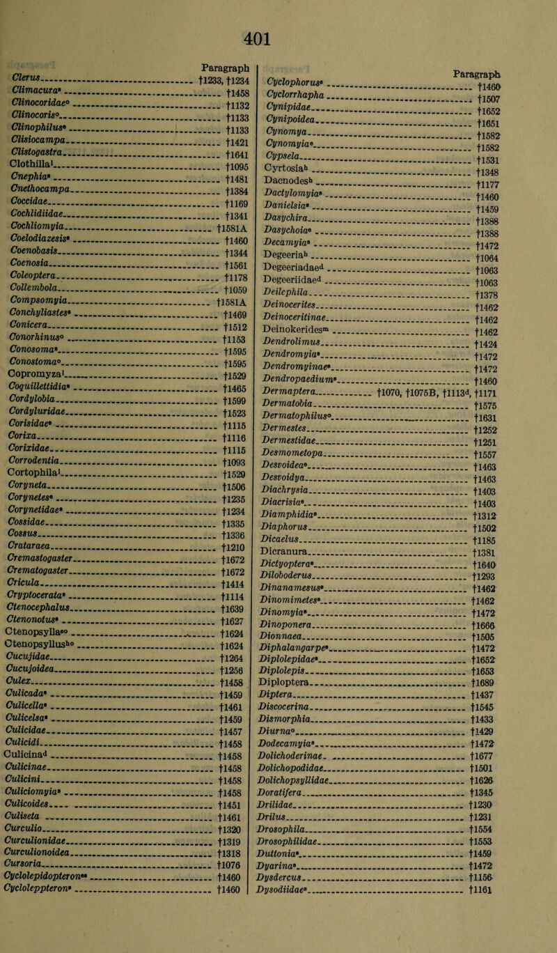 Clerus. Climacura8.. Clinocoridae0 .... Clinocoris0_ Clinophilus«. Clisiocampa_ Clisiogastra. Clothilla1. Cnephia•. Cnethocampa_ Coccidae_ Cochlidiidae_ Cochliomyia_ Coelodiazesis•_ Coenobasis_ Coenosia_ Coleoptera.. Collembola. Compsomyia_ Conchyliasles* ... Conicera_ Conorhinus0_ Conosomaa. Conostoma°.. Copromyza1_ Coquillettidiaa ... Cordylobia. Cordyluridae. Corisidae®_ Corixa.. Corixidae. Corrodentia.. Cortophila1. Coryneta.. Coryneies*.. Corynelidae•_ Cossidae.. Cossus.. Crataraea_ Cremastogaster .... Crematogaster_ Cricula.. Cryptocerata8. Clenocephalus. ... Ctenonotus»_ Ctenopsylla®0_ OtenopsyUusbo... Cucujidae.. Cucujoidea..._ Culex. Culicada8_ Culicella8__ Culicelsa8_ Culicidae_ Culicidi.. Culicinad. Culicinae_ Culicini_ Culiciomyia*. Culicoides__ Culiseta.. Curculio.. Curculionidae_ Curculionoidea_ Cursoria___ Cyclolepidopterow Cycloleppteron•... Paragraph tl233, fl234 . tl458 . fll32 . t1133 . tll33 . t1421 . t1641 . fl095 . tl48l . fl384 . tll69 . t1341 — H581A . tl460 . fl344 . fl561 . t1178 . fl059 ... 11581A . tl469 . tl512 - fll53 . fl595 . fl595 -U529 _ tl465 _ tl599 _ fl523 _ t1115 - t1116 _ tlll5 _ tl093 _ tl529 _ tl506 .... tl235 .... tl234 .... tl335 _ tl336 .... fl210 .... tl672 .... fl672 .... f1414 - flll4 - tl639 .... fl627 .... tl624 .... tl624 .... i 1264 - tl256 .... tl458 .... tl459 .... tl461 .... fl459 .... tl457 .... fl458 .... fl458 .... fl458 .... tl458 .... fl458 .... tl451 - t1461 - fl320 .... +1319 _ +1318 _ tl076 .... fl460 — tl460 Cyclophorus8 ... Cyclorrhapha ... Cynipidae. Cynipoidea. Cynomya. Cynomyia»_ Cypsela. Cyrtosiab. Dacnodesb_ Daclylomyia8.... Danielsia8_ Dasychira_ Dasychoia8_ Decamyia*_ Degeeriah. Degeeriadaed . . Degeeriidaed ... Deilephila. Deinocerites_ Deinoceritinae... Deinokeridesm . Dendrolimus__ Dendromyia*_ Dendromyinae Dendropaedium8 Dermaptera. Dermatobia_ Dermatophilus0.. Dermestes_ Dermestidae_ Desmometopa.... Desvoidea8.. Desvoidya.. Diachrysia.. Diacrisia«... Diamphidia8. Diaphorus_ Dicaelus. Dicranura. Dictyoptera8. Diloboderus. Dinanamesus*_ Dinomimetes*_ Dinomyia8_ Dinoponera. Dionnaea. Diphalangarpe Diplolepidae.. . _ Diplolepis_ Diploptera. Diptera.. Discocerina_ Dismorphia. Diurna0_ Dodecamyia8_ Dolichoderinae. . Dolichopodidae.... Dolichopsyllidae.. Doratifera.. Drilidae.. Drilus.. Drosophila_ Drosophilidae_ Dullonia8..... Dyarina8_ Dysdercus.. DysodiidaeB. Paragraph . tl460 . tl5G7 . tl652 . +1651 . tl682 . fl582 . tl531 . +1348 . +1177 . tl460 . fl459 . +13B8 . +1388 . fl472 . tl064 . +1063 ..- tl083 . +1378 . 11462' . tl462 . fl462 . tl424 ■. fl472 . +1472 . +1460 tl070, fl075B, flll3d, +1171 .. +1575 ...fl631 .. tl252 .. tl251 .. +1557 ..-...+1463 .. +1463 . U403 . tl403 . +1312 . tl502 . +1185 . +1381 . fl640 . tl293 . tl462 . tl462 . tl472 . fl666 . tl505 .. tl472 . tl652 . fl653 . tl689 .. +1437 ..fl545 .. tl433 . f!429 . fl472 ..+1677 .. +1501 .. +1620 .. fl345 . fl230 . fl231 .. fl554 .. tl553 .. tl459 . fl472 . +1156 . +1161