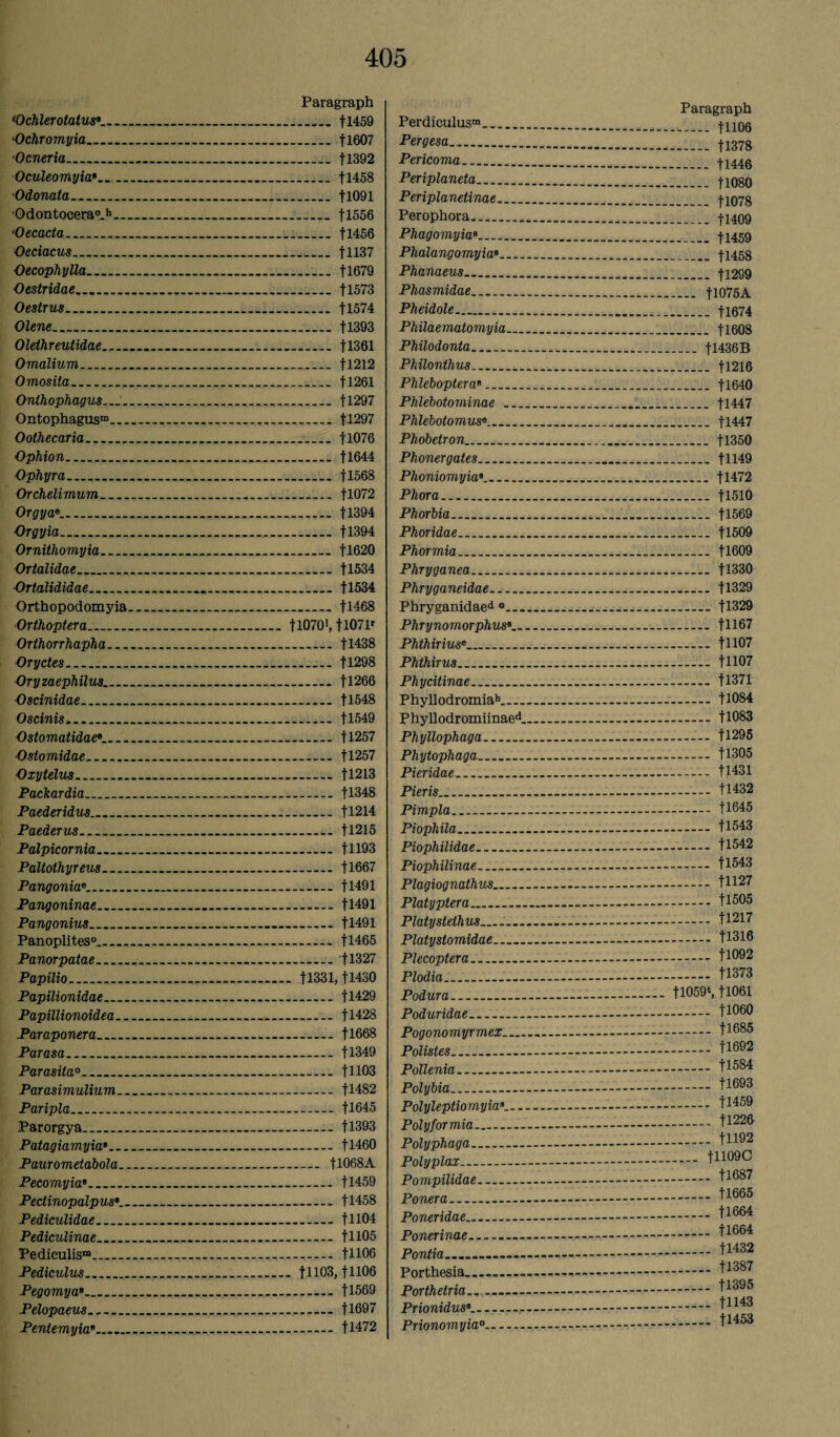 <Ochlerotaius '■Ochromyia. •Ocneria. Oculeomyia•_ Odonata... Odontocera0.1*... 'Oecacta. Oeciacus. Oecophylla. Oestridae. Oestrus. Olene. Olethreutidae.... Omalium. Omosila. Onthophagus.... Ontophagusm.-. Oothecaria. OpMon. Ophyra. Orchelimum_ Orgyae.. Orgyia. Ornithomyia.... Ortalidae.. Ortalididae. Orthopodomyia Orthoptera. Orthorrhapha... Oryctes. Oryzaephilus.... Oscinidae. Oscinis. Ostomatidae«_ Ostomidae. Oxytelus. Packardia_ Paederidus. Paederus_ Palpicornia_ Paltothyreus.... Pangonia®.. Pangoninae. Pangonius_ Panoplites0. Panorpatae. Papilio. Papilionidae.... Papillionoidea.. Paraponera_ Parasa. Parasita0_ Parasimulium.. Paripla.. Parorgya.. Patagiamyia*... Paurometabola.. Pecomyia•_ Pectinopalpus*.. Pediculidae. Pediculinae. Pediculis™. Pediculus_ Pegomya•. Pelopaeus. Pentemyia*_ Paragraph .+1459 . fl607 . tl392 . fl458 . t1091 ...... t1556 . tl456 . tll37 ..11679 ..fl573 . t1574 ..fl393 ..tl361 _ tl212 _ t1261 ..11297 ..U297 . fl076 ..11644 ..fl568 .U072 ..tl394 ..fl394 ..11620 ..tl534 ..tl534 ..f 1468 tl070', 11071r . fl438 ..tl298 ..f 1266 . fl548 ..f 1549 ..11257 ..fl257 . tl213 _ tl348 . fl214 . t1215 . t1193 . tl667 .. f1491 . 11491 . tl491 . tl465 . fl327 . fl331, tl430 . fl429 . t1428 . tl668 . tl349 . fll03 _ fl482 _ fl645 . fl393 . fl460 _ I1068A .. t1459 . t1458 .tH04 . +1105 .. +1106 . +1103, +1106 . +1569 . fl697 . +1472 Perdiculusm. Pergesa. Pericoma.. Periplaneta. Periplanetinae.... Perophora.. Phagomyiaa_ Phalangomyia*_ Phanaeus.. Phasmidae. Pheidole. Philaematomyia... PMlodonta_ PMlonthus. Phleboptera». Phlebotominae_ Phlebotomus8_ Phobetron. Phonergates. Phoniomyia*.. Phora. Phorbia_ Phoridae. Phormia. Phryganea. Phryganeidae. Phryganidaed °... Phrynomorphus Phthiriuse. Phthirus. Phycitinae. Phyllodromiah...- Phyllodromiinaed. Phyllophaga. Phytophaga. Pieridae.. Pieris. Pimpla... Piophila.. Piophilidae.. Piophilinae. Plagiognathus_ Platyptera.. Platystethus. Platystomidae. Plecoptera. Plodia.. Podura.. Poduridae... Pogonomyrmex.... Polistes. Pollenia. Polybia. Polyleptiomyia*.. . Poly for mia. Polyphaga- Polyplax.. Pompilidae. Poner a. Poneridae_ Ponerinae- Pontia_ Porthesia_ Porthelria.... PrionidusK.- Prionomyia0- Paragraph ...... +1106 . +1378 . +1446 _ +1080 . tl078 _ +1409 . fl459 _ +1458 .+L299 .... fl075A . +1674 . +1608 _U436B . +1216 _ fl640 . +1447 . +1447 . +1350 . +1149 . tl472 . +1510 ...... +1569 . +1509 . +1609 . +1330 . +1329 . +1329 . +1167 . +1107 . +1107 . +1371 . +1084 . +1083 . +1295 . +1305 _ +1431 __+1432 . |1645 _ +1543 ..tl542 . +1543 . +1127 _ +1505 . +1217 . +1316 _ +1092 _ +1373 +1059*, +1061 .. +1060 _ +1685 _ +1692 . +1584 _ +1693 . +1459 . +1226 . +1192 _tll09C . +1687 . +1665 . +1664 . +1664 . fl432 . +1387 _ 11395 . +1143 . fl453