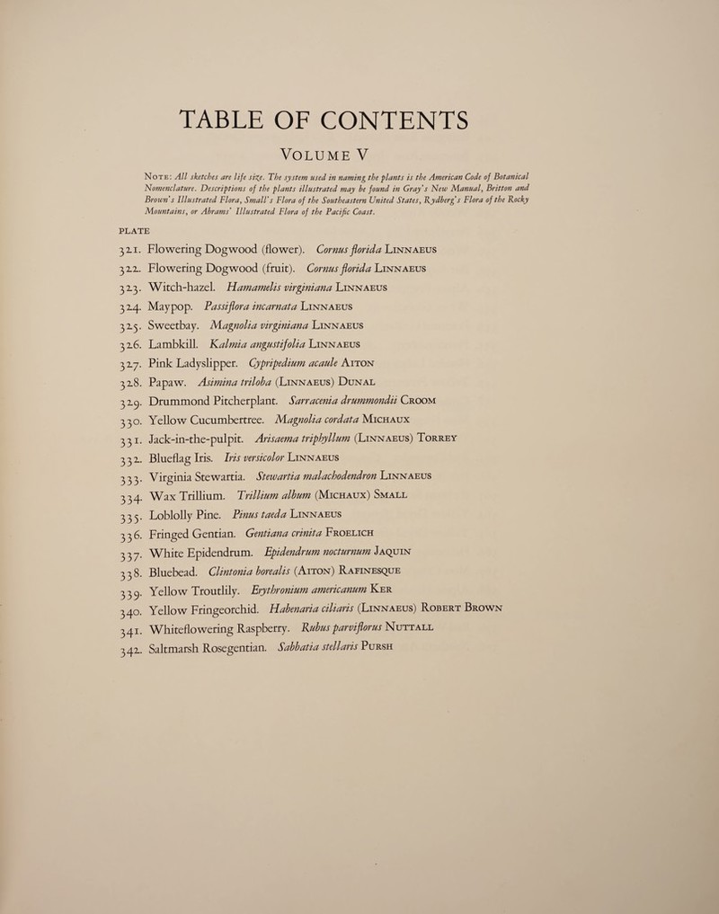 TABLE OF CONTENTS Volume V Note: All sketches are life size. The system used in naming the -plants is the American Code of Botanical Nomenclature. Descriptions of the plants illustrated may he found in Gray's New Manual, Britton and Brown’s Illustrated Flora, Small's Flora of the Southeastern United States, Rydberg’s Flora of the Rocky Mountains, or Abrams’ Illustrated Flora of the Pacific Coast. PLATE 32.1. Flowering Dogwood (flower). Cornus florida Linnaeus 32.2.. Flowering Dogwood (fruit). Cornus florida Linnaeus 3x3. Witch-hazel. Hamamelis virginiana Linnaeus 3 2-4. Maypop. Passiflora incarnata Linnaeus 32.5. Sweetbay. Magnolia virginiana Linnaeus 3 2.6. Lambkill. Kalmia angustijolia Linnaeus 3 2.7. Pink Ladyslipper. Cypripedium acaule Aiton 32.8. Papaw. Asimina triloba (Linnaeus) Dunal 3 2-cy Drummond Pitcherplant. Sarracenia drummondii Croom 330. Yellow Cucumbertree. Magnolia cordata Michaxjx 331. Jack-in-the-pulpit. Arisaema triply llum (Linnaeus) Torrey 332.. Blueflag Iris. Iris versicolor Linnaeus 333. Virginia Stewartia. Stewartia malachodendronlMN^MEus 334. Wax Trillium. Trillium album (Michaux) Small 335. Loblolly Pine. Pirns taeda Linnaeus 336. Fringed Gentian. Gentiana crinita Froelich 337. White Epidendrum. Epidendrum nocturnum Jaquin 338. Bluebead. Clintonia borealis (Aiton) Rafinesque 334. Yellow Troutlily. Erythronium americanum Ker 340. Yellow Fringeorchid. Habenaria ciliaris (Linnaeus) Robert Brown 341. Whiteflowering Raspberry. Kubus parvifloras Nutt all 342.. Saltmarsh Rosegentian. Sabbatia stellaris Pursh