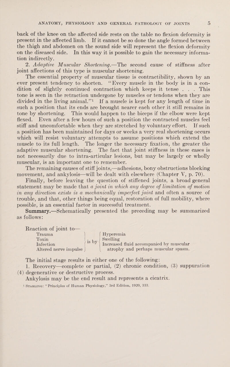 back of the knee on the affected side rests on the table no flexion deformity is present in the affected limb. If it cannot be so done the angle formed between the thigh and abdomen on the sound side will represent the flexion deformity on the diseased side. In this way it is possible to gain the necessary informa¬ tion indirectly. 2. Adaptive Muscular Shortening.—The second cause of stiffness after joint affections of this type is muscular shortening. The essential property of muscular tissue is contractibility, shown by an ever present tendency to shorten. 11 Every muscle in the body is in a con¬ dition of slightly continued contraction which keeps it tense . . . This tone is seen in the retraction undergone by muscles or tendons when they are divided in the living animal.7,1 If a muscle is kept for any length of time in such a position that its ends are brought nearer each other it still remains in tone by shortening. This would happen to the biceps if the elbow were kept flexed. Even after a few hours of such a position the contracted muscles feel stiff and uncomfortable when they are stretched by voluntary effort. If such a position has been maintained for days or weeks a very real shortening occurs which will resist voluntary attempts to assume positions which extend the muscle to its full length. The longer the necessary fixation, the greater the adaptive muscular shortening. The fact that joint stiffness in these cases is not necessarily due to intra-articular lesions, but may be largely or wholly muscular, is an important one to remember. The remaining causes of stiff joints,—adhesions, bony obstructions blocking movement, and ankylosis—will be dealt with elsewhere (Chapter V, p. 70). Finally, before leaving the question of stiffened joints, a broad general statement may be made that a joint in which any degree of limitation of motion in any direction exists is a mechanically imperfect joint and often a source of trouble, and that, other things being equal, restoration of full mobility, where possible, is an essential factor in successful treatment. Summary.—Schematically presented the preceding may be summarized as follows: Reaction of joint to— Trauma ] ( Hyperemia Toxin I • . J Swelling Infection flb y ] Increased fluid accompanied by muscular Altered nerve impulse J ( atrophy and perhaps muscular spasm. The initial stage results in either one of the following: 1. Recovery—complete or partial, (2) chronic condition, (3) suppuration (4) degenerative or destructive process. Ankylosis may be the end result and represents a cicatrix. 1 Starling: “Principles of Human Physiology,” 3rd Edition, 1920, 333.