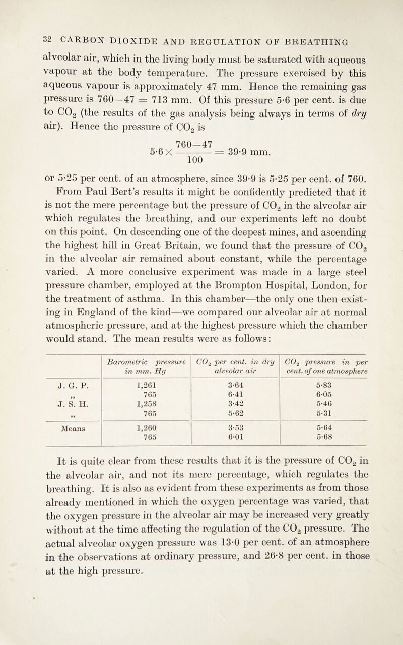 alveolar air, which in the living body must be saturated with aqueous vapour at the body temperature. The pressure exercised by this aqueous vapour is approximately 47 mm. Hence the remaining gas pressure is 760—47 = 713 mm. Of this pressure 5*6 per cent, is due to C02 (the results of the gas analysis being always in terms of dry air). Hence the pressure of C02 is 760-47 5-6 X --— 39-9 mm. 100 or 5-25 per cent, of an atmosphere, since 39-9 is 5-25 per cent, of 760. From Paul Bert’s results it might be confidently predicted that it is not the mere percentage but the pressure of C02 in the alveolar air which regulates the breathing, and our experiments left no doubt on this point. On descending one of the deepest mines, and ascending the highest hill in Great Britain, we found that the pressure of C02 in the alveolar air remained about constant, while the percentage varied. A more conclusive experiment was made in a large steel pressure chamber, employed at the Brompton Hospital, London, for the treatment of asthma. In this chamber—the only one then exist¬ ing in England of the kind—we compared our alveolar air at normal atmospheric pressure, and at the highest pressure which the chamber would stand. The mean results were as follows: Barometric pressure in mm. Hg CO 2 per cent, in dry alveolar air CO2 pressure in per cent, of one atmosphere J. G. P. 1,261 3-64 5*83 99 765 6-41 6-05 J. S. H. 1,258 3-42 5-46 >> 765 5-62 5-31 Means 1,260 3-53 5-64 765 6-01 5-68 It is quite clear from these results that it is the pressure of C02 in the alveolar air, and not its mere percentage, which regulates the breathing. It is also as evident from these experiments as from those already mentioned in which the oxygen percentage was varied, that the oxygen pressure in the alveolar air may be increased very greatly without at the time affecting the regulation of the C02 pressure. The actual alveolar oxygen pressure was 13-0 per cent, of an atmosphere in the observations at ordinary pressure, and 26-8 per cent, in those at the high pressure.