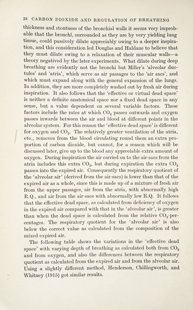 thickness and stoutness of the bronchial walls it seems very improb¬ able that the bronchi, surrounded as they are by very yielding lung tissue, could passively dilate appreciably owing to a deeper inspira¬ tion, and this consideration led Douglas and Haldane to believe that they must dilate owing to a relaxation of their muscular walls—a theory negatived by the later experiments. What dilate during deep breathing are evidently not the bronchi but Miller’s 'alveolar duc¬ tules’ and 'atria’, which serve as air passages to the 'air sacs’, and which must expand along with the general expansion of the lungs. In addition, they are more completely washed out by fresh air during inspiration. It also follows that the 'effective or virtual dead space’ is neither a definite anatomical space nor a fixed dead space in any sense, but a value dependent on several variable factors. These factors include the rates at which C02 passes outwards and oxygen passes inwards between the air and blood at different points in the alveolar system. For this reason the 'effective dead space’ is different for oxygen and C02. The relatively greater ventilation of the atria, etc., removes from the blood circulating round them an extra pro¬ portion of carbon dioxide, but cannot, for a reason which will be discussed later, give up to the blood any appreciable extra amount of oxygen. During inspiration the air carried on to the air-sacs from the atria includes this extra C02, but during expiration the extra C02 passes into the expired air. Consequently the respiratory quotient of the 'alveolar air’ (derived from the air-sacs) is lower than that of the expired air as a whole, since this is made up of a mixture of fresh air from the upper passages, air from the atria, with abnormally high R.Q., and air from the air-sacs with abnormally low R.Q. It follows that the effective dead space, as calculated from deficiency of oxygen in the expired air compared with that in the 'alveolar air’, is greater than when the dead space is calculated from the relative C02-per- centages. The respiratory quotient for the 'alveolar air’ is also below the correct value as calculated from the composition of the mixed expired air. The following table shows the variations in the 'effective dead space’ with varying depth of breathing as calculated both from C02 and from oxygen, and also the differences between the respiratory quotient as calculated from the expired air and from the alveolar air. Using a slightly different method, Henderson, Chilling worth, and Whitney (1915) got similar results.