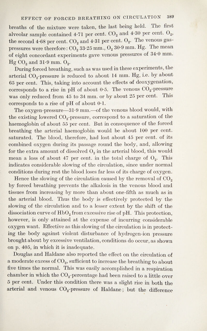 breaths of the mixture were taken, the last being held. The first alveolar sample contained 4*71 per cent. C02 and 4*30 per cent. 02, the second 4*68 per cent. C02 and 4-31 per cent. 02. The venous gas- pressures were therefore: C02 33*25 mm., 02 30*9 mm. Hg. The mean of eight concordant experiments gave venous pressures of 34*0 mm. Hg C02 and 31*9 mm. 02. During forced breathing, such as was used in these experiments, the arterial C02-pressure is reduced to about 14 mm. Hg, i.e. by about 65 per cent. This, taking into account the effects of deoxygenation, corresponds to a rise in pH of about 0*5. The venous C02-pressure was only reduced from 45 to 34 mm. or by about 25 per cent. This corresponds to a rise of pH of about 0*1. The oxygen-pressure—31*9 mm.—of the venous blood would, with the existing lowered C02-pressure, correspond to a saturation of the haemoglobin of about 55 per cent. But in consequence of the forced breathing the arterial haemoglobin would be about 100 per cent, saturated. The blood, therefore, had lost about 45 per cent, of its combined oxygen during its passage round the body, and, allowing for the extra amount of dissolved 0* in the arterial blood, this would mean a loss of about 47 per cent, in the total charge of 02. This indicates considerable slowing of the circulation, since under normal conditions during rest the blood loses far less of its charge of oxygen. Hence the slowing of the circulation caused by the removal of C02 by forced breathing prevents the alkalosis in the venous blood and tissues from increasing by more than about one-fifth as much as in the arterial blood. Thus the body is effectively protected by the slowing of the circulation and to a lesser extent by the shift of the dissociation curve of Hb02 from excessive rise of pH. This protection, however, is only attained at the expense of incurring considerable oxygen want. Effective as this slowing of the circulation is in protect¬ ing the body against violent disturbance of hydrogen-ion pressure brought about by excessive ventilation, conditions do occur, as shown on p. 405, in which it is inadequate. Douglas and Haldane also reported the effect on the circulation of a moderate excess of C02, sufficient to increase the breathing to about five times the normal. This was easily accomplished in a respiration chamber in which the C02-percentage had been raised to a little over 5 per cent. Under this condition there was a slight rise in both the arterial and venous C02-pressure of Haldane; but the difference