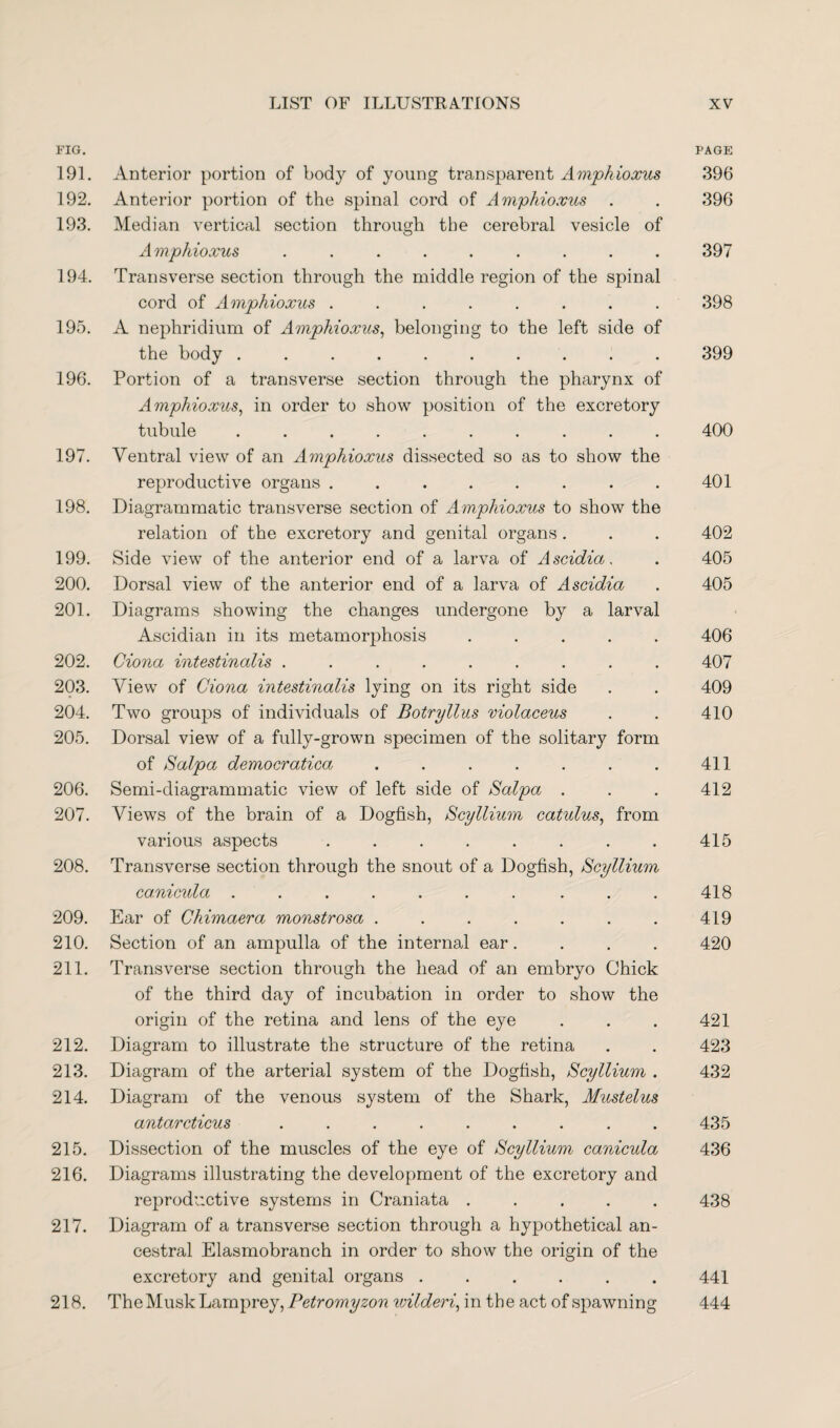 FIG. PAGE 191. Anterior portion of body of young transparent Amphioxus 396 192. Anterior portion of the spinal cord of Amphioxus . . 396 193. Median vertical section through the cerebral vesicle of Amphioxus ......... 397 194. Transverse section through the middle region of the spinal cord of Amphioxus . . . . . . . . 398 195. A nepliridium of Amphioxus, belonging to the left side of the body .......... 399 196. Portion of a transverse section through the pharynx of Amphioxus, in order to show position of the excretory tubule .......... 400 197. Ventral view of an Amphioxus dissected so as to show the reproductive organs . . . . . . . . 401 198. Diagrammatic transverse section of Amphioxus to show the relation of the excretory and genital organs . . . 402 199. Side view of the anterior end of a larva of Ascidia. . 405 200. Dorsal view of the anterior end of a larva of Ascidia . 405 201. Diagrams showing the changes undergone by a larval Ascidian in its metamorjjhosis ..... 406 202. Ciona intestinalis ......... 407 203. View of Ciona intestinalis lying on its right side . . 409 204. Two groups of individuals of Botryllus violaceus . . 410 205. Dorsal view of a fully-grown specimen of the solitary form of Salpa democratica . . . . . . . 411 206. Semi-diagrammatic view of left side of Salpa . . . 412 207. Views of the brain of a Dogfish, Scyllium catulus, from various aspects . . . . . . . . 415 208. Transverse section through the snout of a Dogfish, Scyllium ca.nicula ....... ... 418 209. Ear of Chimaera monstrosa . . . . . . . 419 210. Section of an ampulla of the internal ear .... 420 211. Transverse section through the head of an embryo Chick of the third day of incubation in order to show the origin of the retina and lens of the eye . . . 421 212. Diagram to illustrate the structure of the retina . . 423 213. Diagram of the arterial system of the Dogfish, Scyllium . 432 214. Diagram of the venous system of the Shark, Mustelus antarcticus ......... 435 215. Dissection of the muscles of the eye of Scyllium canicida 436 216. Diagrams illustrating the development of the excretory and reproductive systems in Craniata ..... 438 217. Diagram of a transverse section through a hypothetical an¬ cestral Elasmobranch in order to show the origin of the excretory and genital organs ...... 441 218. The Musk Lamprey, Petromyzon wilderi, in the act of spawning 444