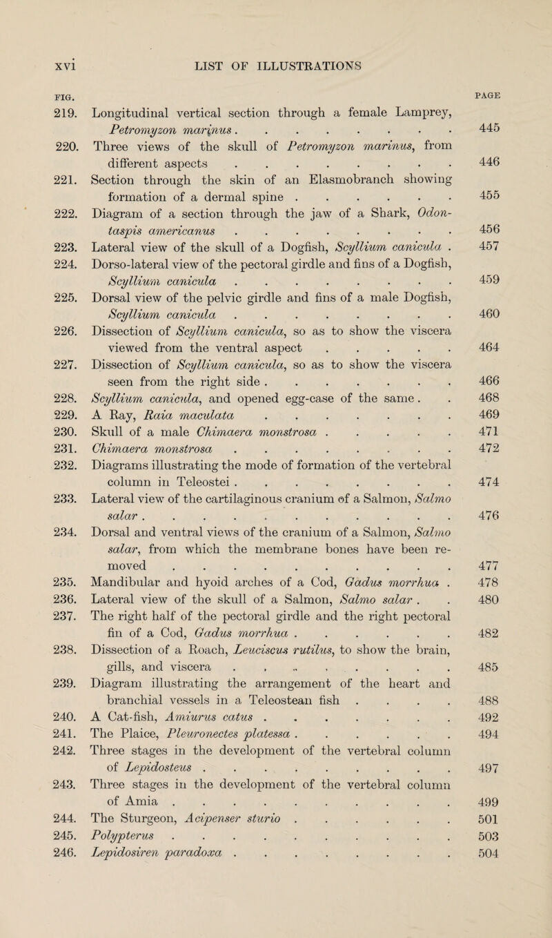 FIG* 219. Longitudinal vertical section through a female Lamprey, Petromyzon mar\nus ......•• 220. Three views of the skull of Petromyzon marinus, from different aspects ........ 221. Section through the skin of an Elasmobranch showing formation of a dermal spine ...... 222. Diagram of a section through the jaw of a Shark, Odon- taspis americanus ........ 223. Lateral view of the skull of a Dogfish, Scyllium canicula . 224. Dorso-lateral view of the pectoral girdle and fins of a Dogfish, Scyllium canicida ........ 225. Dorsal view of the pelvic girdle and fins of a male Dogfish, Scyllium canicula ........ 226. Dissection of Scyllium canicula, so as to show the viscera viewed from the ventral aspect ..... 227. Dissection of Scyllium canicula, so as to show the viscera seen from the right side ....... 228. Scyllium canicula, and opened egg-case of the same . 229. A Ray, Raia maculata ....... 230. Skull of a male Chimaera monstrosa ..... 231. Chimaera monstrosa ........ 232. Diagrams illustrating the mode of formation of the vertebral column in Teleostei ........ 233. Lateral view of the cartilaginous cranium of a Salmon, Salmo salar ........... 234. Dorsal and ventral views of the cranium of a Salmon, Salmo salar, from which the membrane bones have been re¬ moved .......... 235. Mandibular and hyoid arches of a Cod, Gadus morrhua . 236. Lateral view of the skull of a Salmon, Salmo salar . 237. The right half of the pectoral girdle and the right pectoral fin of a Cod, Gadus morrhua ...... 238. Dissection of a Roach, Leuciscus rutilus, to show the brain, gills, and viscera 239. Diagram illustrating the arrangement of the heart and branchial vessels in a Teleostean fish .... 240. A Cat-fish, Amiurus catus ....... 241. The Plaice, Pleuronectes platessa ...... 242. Three stages in the development of the vertebral column of Lepidosteus ......... 243. Three stages in the development of the vertebral column of Amia .......... 244. The Sturgeon, Acipenser sturio ...... 245. Polypterus .......... 246. Lepidosiren paradoxa ........ PAGE 445 446 455 456 457 459 460 464 466 468 469 471 472 474 476 477 478 480 482 485 488 492 494 497 499 501 503 504