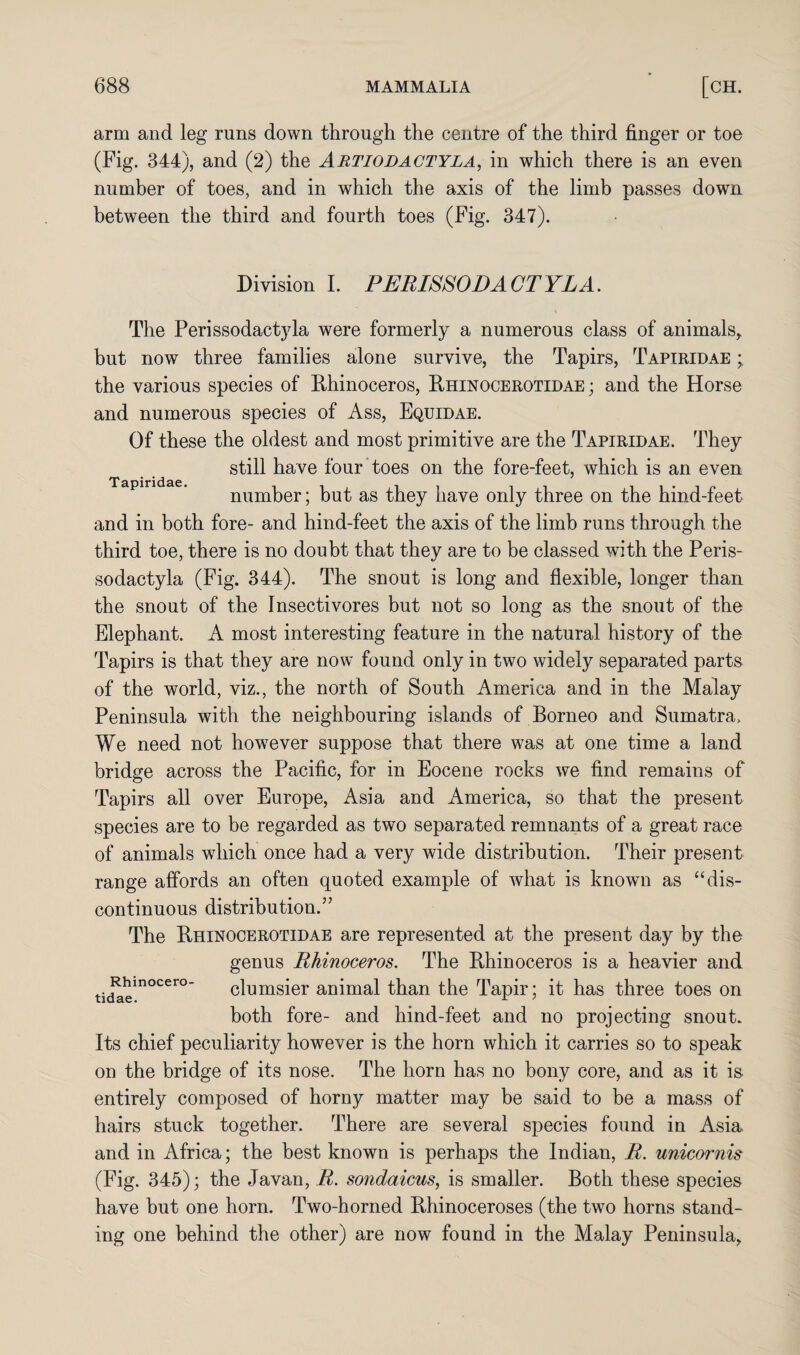 arm and leg runs down through the centre of the third finger or toe (Fig. 344), and (2) the Artiodactyla, in which there is an even number of toes, and in which the axis of the limb passes down between the third and fourth toes (Fig. 347). Division I. PERISSODA CTYLA. Tapiridae. The Perissodactyla were formerly a numerous class of animals, but now three families alone survive, the Tapirs, Tapiridae ; the various species of Rhinoceros, Rhinocerotidae; and the Horse and numerous species of Ass, Equidae. Of these the oldest and most primitive are the Tapiridae. They still have four toes on the fore-feet, which is an even number; but as they have only three on the hind-feet and in both fore- and hind-feet the axis of the limb runs through the third toe, there is no doubt that they are to be classed with the Peris- sodactyla (Fig. 344). The snout is long and flexible, longer than the snout of the Insectivores but not so long as the snout of the Elephant. A most interesting feature in the natural history of the Tapirs is that they are now found only in two widely separated parts of the world, viz., the north of South America and in the Malay Peninsula with the neighbouring islands of Borneo and Sumatra, We need not however suppose that there was at one time a land bridge across the Pacific, for in Eocene rocks we find remains of Tapirs all over Europe, Asia and America, so that the present species are to be regarded as two separated remnants of a great race of animals which once had a very wide distribution. Their present range affords an often quoted example of what is known as “dis¬ continuous distribution.” The Rhinocerotidae are represented at the present day by the genus Rhinoceros. The Rhinoceros is a heavier and clumsier animal than the Tapir; it has three toes on both fore- and hind-feet and no projecting snout. Its chief peculiarity however is the horn which it carries so to speak on the bridge of its nose. The horn has no bony core, and as it is entirely composed of horny matter may be said to be a mass of hairs stuck together. There are several species found in Asia and in Africa; the best known is perhaps the Indian, R. unicornis (Fig. 345); the Javan, R. sondaicus, is smaller. Both these species have but one horn. Two-horned Rhinoceroses (the two horns stand¬ ing one behind the other) are now found in the Malay Peninsula, Rhinocero tidae.