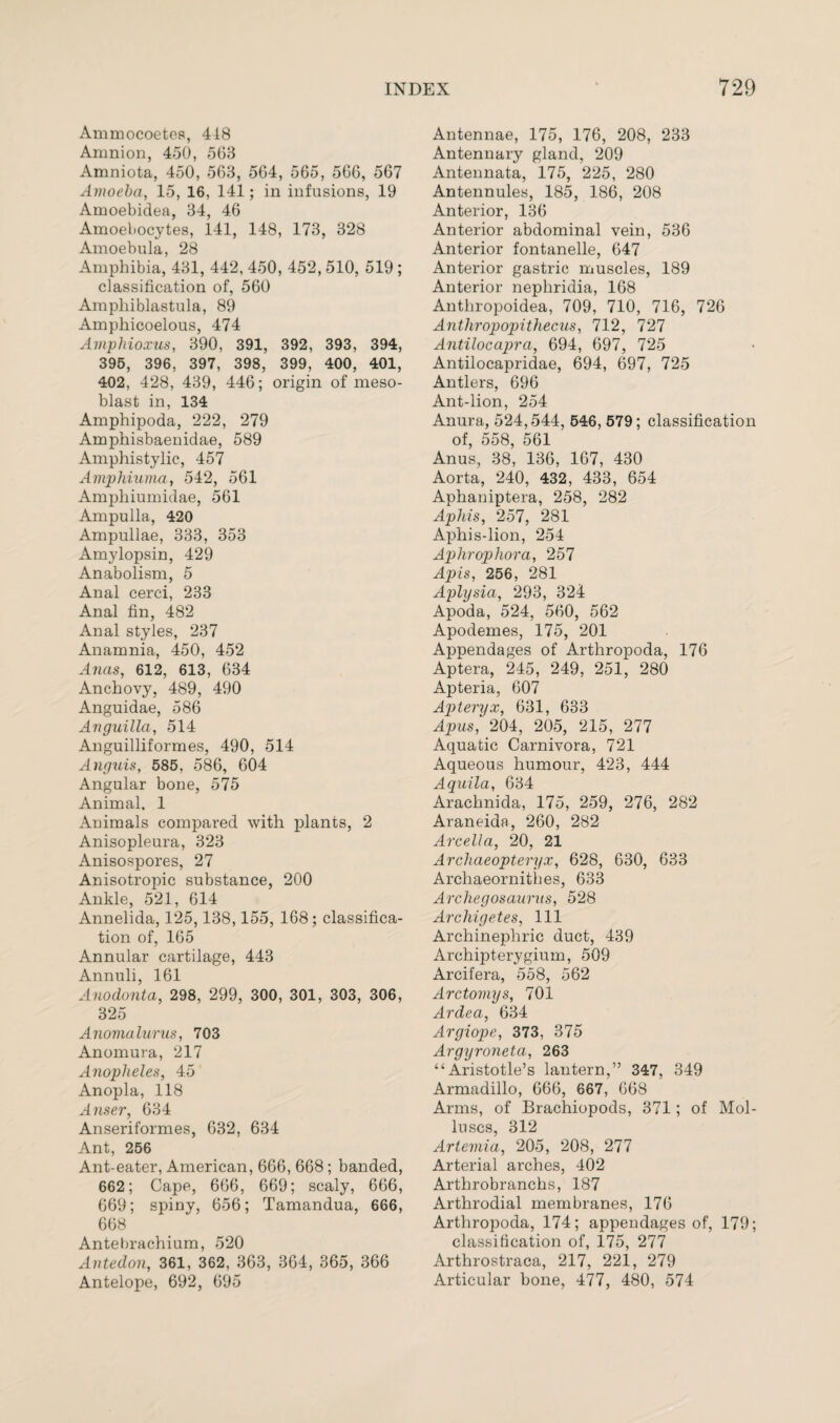 Ammocoetes, 418 Amnion, 450, 563 Amniota, 450, 563, 564, 565, 566, 567 Amoeba, 15, 16, 141; in infusions, 19 Amoebidea, 34, 46 Amoebocytes, 141, 148, 173, 328 Amoebula, 28 Amphibia, 431, 442, 450, 452,510, 519 ; classification of, 560 Amphiblastula, 89 Amphicoelous, 474 Amphioxus, 390, 391, 392, 393, 394, 395, 396, 397, 398, 399, 400, 401, 402, 428, 439, 446; origin of meso- blast in, 134 Amphipoda, 222, 279 Amphisbaenidae, 589 Amphistylic, 457 Amphiuma, 542, 561 Amphiumidae, 561 Ampulla, 420 Ampullae, 333, 353 Amylopsin, 429 Anabolism, 5 Anal cerci, 233 Anal fin, 482 Anal styles, 237 Anamnia, 450, 452 Anas, 612, 613, 634 Anchovy, 489, 490 Anguidae, 586 Anguilla, 514 Anguilliformes, 490, 514 Anguis, 585, 586, 604 Angular bone, 575 Animal, 1 Animals compared with plants, 2 Anisopleura, 323 Anisospores, 27 Anisotropic substance, 200 Ankle, 521, 614 Annelida, 125,138,155, 168 ; classifica¬ tion of, 165 Annular cartilage, 443 Annuli, 161 Anodonta, 298, 299, 300, 301, 303, 306, 325 Anomalurus, 703 Anomura, 217 Anopheles, 45 Anopla, 118 Anser, 634 Anseriformes, 632, 634 Ant, 256 Ant-eater, American, 666, 668; banded, 662; Cape, 666, 669; scaly, 666, 669; spiny, 656; Tamandua, 666, 668 Antebrachium, 520 Antedon, 361, 362, 363, 364, 365, 366 Antelope, 692, 695 Antennae, 175, 176, 208, 233 Antennary gland, 209 Antennata, 175, 225, 280 Antennules, 185, 186, 208 Anterior, 136 Anterior abdominal vein, 536 Anterior fontanelle, 647 Anterior gastric muscles, 189 Anterior nephridia, 168 Anthropoidea, 709, 710, 716, 726 Anthropopithecus, 712, 727 Antilocapra, 694, 697, 725 Antilocapridae, 694, 697, 725 Antlers, 696 Ant-lion, 254 Anura, 524,544, 546, 579; classification of, 558, 561 Anus, 38, 136, 167, 430 Aorta, 240, 432, 433, 654 Aphaniptera, 258, 282 Aphis, 257, 281 Aphis-lion, 254 Aphropliora, 257 Apis, 256, 281 Aplysia, 293, 324 Apo'da, 524, 560, 562 Apodemes, 175, 201 Appendages of Arthropoda, 176 Aptera, 245, 249, 251, 280 Apteria, 607 Apteryx, 631, 683 Apus, 204, 205, 215, 277 Aquatic Carnivora, 721 Aqueous humour, 423, 444 Aquila, 634 Arachnida, 175, 259, 276, 282 Araneida, 260, 282 Arcella, 20, 21 Archaeopteryx, 628, 630, 633 Archaeornithes, 633 Archegosaurus, 528 Arcliigetes, 111 Archinephric duct, 439 Archipterygium, 509 Arcifera, 558, 562 Arctomys, 701 Ardea, 634 Argiope, 373, 375 Argyroneta, 263 “Aristotle’s lantern,” 347, 349 Armadillo, 666, 667, 668 Arms, of Brachiopocls, 371; of Mol¬ luscs, 312 Artemia, 205, 208, 277 Arterial arches, 402 Arthrobranchs, 187 Arthrodial membranes, 176 Arthropoda, 174; appendages of, 179; classification of, 175, 277 Arthrostraca, 217, 221, 279 Articular bone, 477, 480, 574