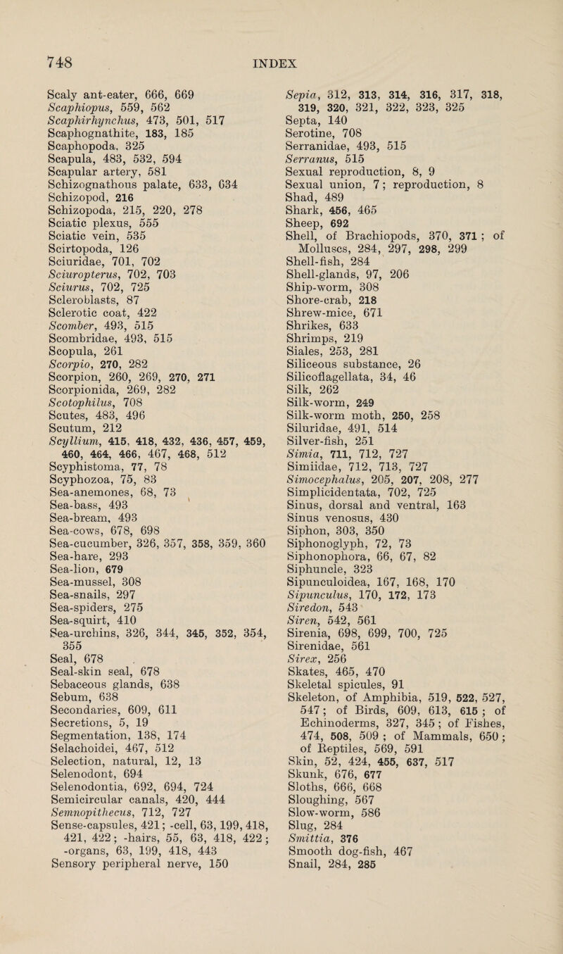 Scaly ant-eater, 666, 669 Scaphiopus, 559, 562 Scaphirhynchus, 473, 501, 517 Scaphognathite, 183, 185 Scaphopoda, 825 Scapula, 483, 532, 594 Scapular artery, 581 Schizognathous palate, 633, 634 Schizopod, 216 Schizopoda, 215, 220, 278 Sciatic plexus, 555 Sciatic vein, 535 Scirtopoda, 126 Sciuridae, 701, 702 Sciuropterus, 702, 703 Sciurus, 702, 725 Scleroblasts, 87 Sclerotic coat, 422 Scomber, 493, 515 Scombridae, 493, 515 Scopula, 261 Scorpio, 270, 282 Scorpion, 260, 269, 270, 271 Scorpionida, 269, 282 Scotophilus, 708 Scutes, 483, 496 Scutum, 212 ScyIlium, 415, 418, 432, 436, 457, 459, 460, 464, 466, 467, 468, 512 Scyphistoma, 77, 78 Scyphozoa, 75, 83 Sea-anemones, 68, 73 Sea-bass, 493 Sea-bream, 493 Sea-cows, 678, 698 Sea-cucumber, 326, 357, 358, 359, 360 Sea-hare, 293 Sea-lion, 679 Sea-mussel, 308 Sea-snails, 297 Sea-spiders, 275 Sea-squirt, 410 Sea-urchins, 326, 344, 345, 352, 354, 355 Seal, 678 Seal-skin seal, 678 Sebaceous glands, 638 Sebum, 638 Secondaries, 609, 611 Secretions, 5, 19 Segmentation, 138, 174 Selachoidei, 467, 512 Selection, natural, 12, 13 Selenodont, 694 Selenodontia, 692, 694, 724 Semicircular canals, 420, 444 Semnopithecus, 712, 727 Sense-capsules, 421; -cell, 63,199, 418, 421, 422; -hairs, 55, 63, 418, 422; -organs, 63, 199, 418, 443 Sensory peripheral nerve, 150 Sepia, 312, 313, 314, 316, 317, 318, 319, 320, 321, 322, 323, 325 Septa, 140 Serotine, 708 Serranidae, 493, 515 S err anus, 515 Sexual reproduction, 8, 9 Sexual union, 7; reproduction, 8 Shad, 489 Shark, 456, 465 Sheep, 692 Shell, of Brachiopods, 370, 371 ; of Molluscs, 284, 297, 298, 299 Shell-fish, 284 Shell-glands, 97, 206 Ship-worm, 308 Shore-crab, 218 Shrew-mice, 671 Shrikes, 633 Shrimps, 219 Siales, 253, 281 Siliceous substance, 26 Silicoflagellata, 34, 46 Silk, 262 Silk-worm, 249 Silk-worm moth, 250, 258 Siluridae, 491, 514 Silver-fish, 251 Simia, 711, 712, 727 Simiidae, 712, 713, 727 Siviocephalus, 205, 207, 208, 277 Simplicidentata, 702, 725 Sinus, dorsal and ventral, 163 Sinus venosus, 430 Siphon, 303, 350 Siphonoglyph, 72, 73 Siphonophora, 66, 67, 82 Siphuncle, 323 Sipunculoidea, 167, 168, 170 Sipunculus, 170, 172, 173 Siredon, 543 Siren, 542, 561 Sirenia, 698, 699, 700, 725 Sirenidae, 561 Sir ex, 256 Skates, 465, 470 Skeletal spicules, 91 Skeleton, of Amphibia, 519, 522, 527, 547; of Birds, 609, 613, 615 ; of Echinoderms, 327, 345; of Fishes, 474, 508, 509 ; of Mammals, 650; of Reptiles, 569, 591 Skin, 52, 424, 455, 637, 517 Skunk, 676, 677 Sloths, 666, 668 Sloughing, 567 Slow-worm, 586 Slug, 284 Smittia, 376 Smooth dog-fish, 467 Snail, 284, 285