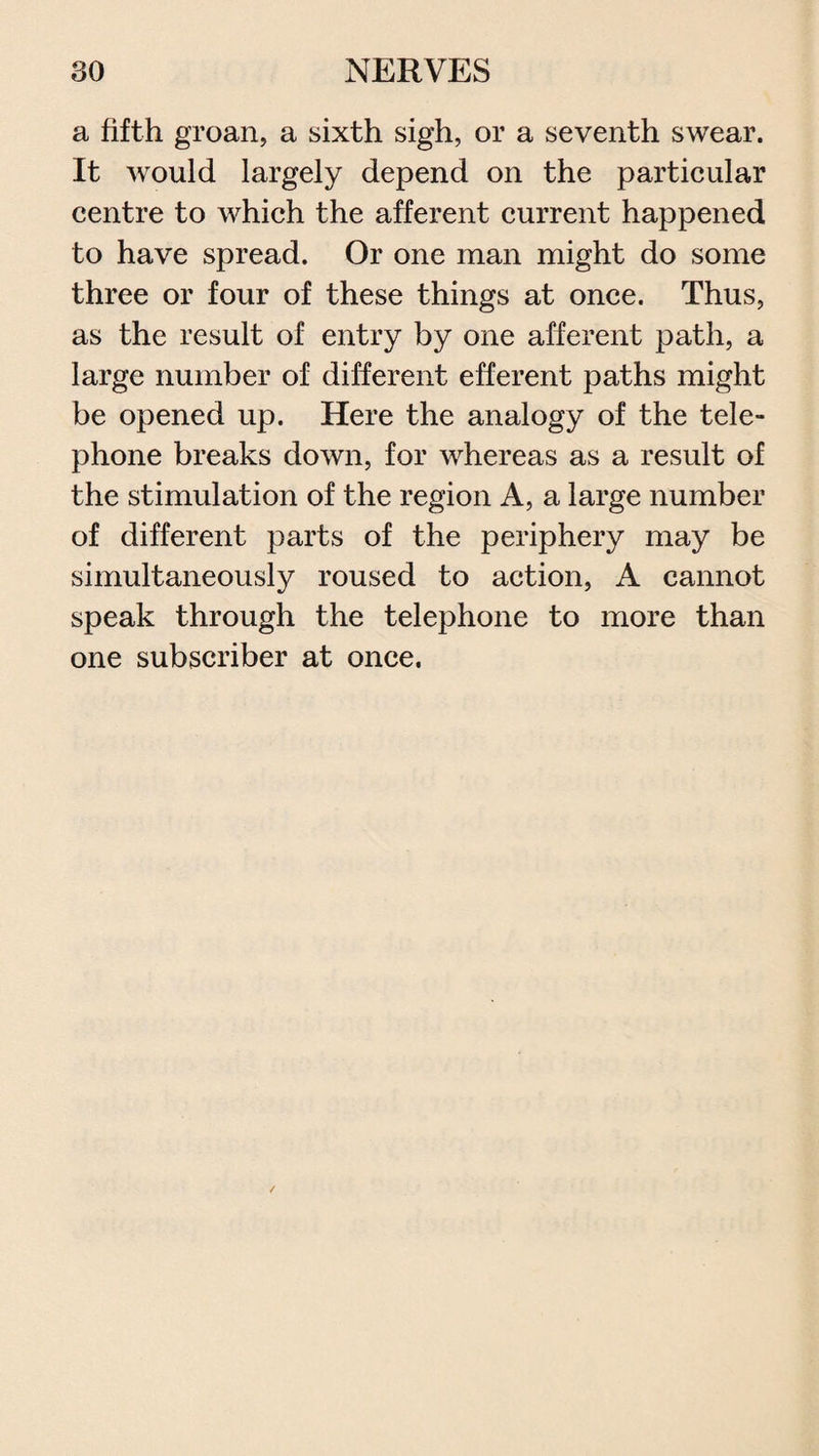 a fifth groan, a sixth sigh, or a seventh swear. It would largely depend on the particular centre to which the afferent current happened to have spread. Or one man might do some three or four of these things at once. Thus, as the result of entry by one afferent path, a large number of different efferent paths might be opened up. Here the analogy of the tele¬ phone breaks down, for whereas as a result of the stimulation of the region A, a large number of different parts of the periphery may be simultaneously roused to action, A cannot speak through the telephone to more than one subscriber at once.