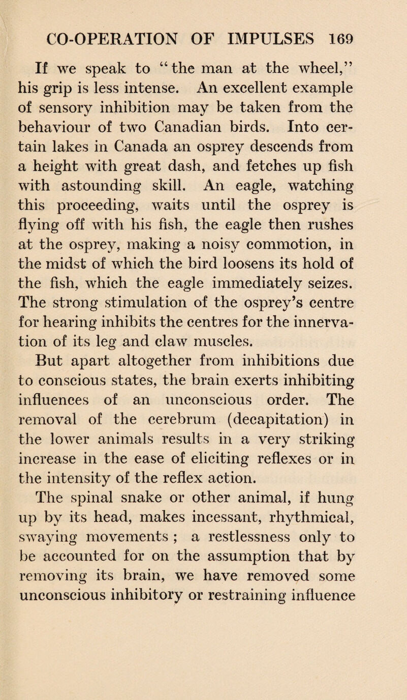 If we speak to “the man at the wheel,” his grip is less intense. An excellent example of sensory inhibition may be taken from the behaviour of two Canadian birds. Into cer¬ tain lakes in Canada an osprey descends from a height with great dash, and fetches up fish with astounding skill. An eagle, watching this proceeding, waits until the osprey is ftying off with his fish, the eagle then rushes at the osprey, making a noisy commotion, in the midst of which the bird loosens its hold of the fish, which the eagle immediately seizes. The strong stimulation of the osprey’s centre for hearing inhibits the centres for the innerva¬ tion of its leg and claw muscles. But apart altogether from inhibitions due to conscious states, the brain exerts inhibiting influences of an unconscious order. The removal of the cerebrum (decapitation) in the lower animals results in a very striking increase in the ease of eliciting reflexes or in the intensity of the reflex action. The spinal snake or other animal, if hung up by its head, makes incessant, rhythmical, swaying movements ; a restlessness only to be accounted for on the assumption that by removing its brain, we have removed some unconscious inhibitory or restraining influence