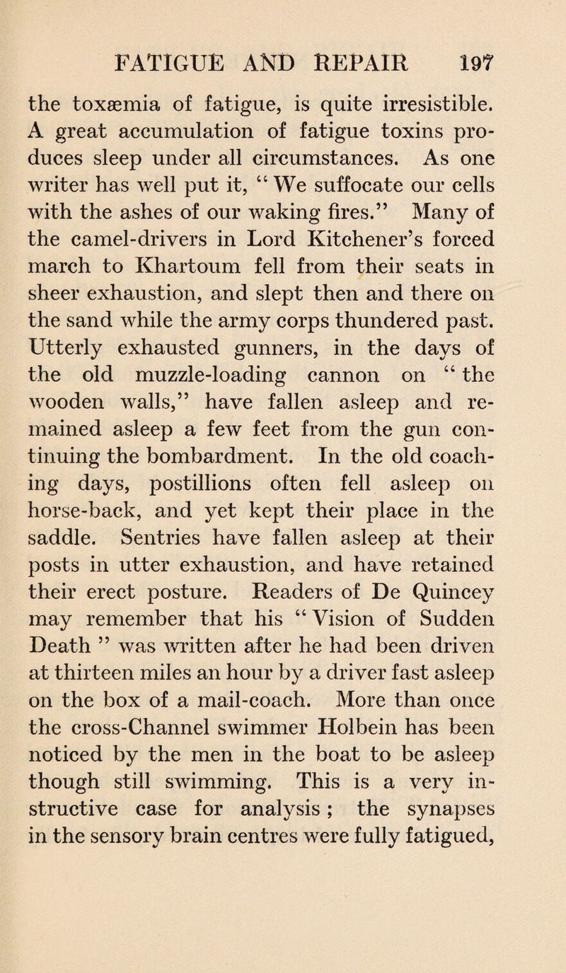 the toxaemia of fatigue, is quite irresistible. A great accumulation of fatigue toxins pro¬ duces sleep under all circumstances. As one writer has well put it, “We suffocate our cells with the ashes of our waking fires.” Many of the camel-drivers in Lord Kitchener’s forced march to Khartoum fell from their seats in sheer exhaustion, and slept then and there on the sand while the army corps thundered past. Utterly exhausted gunners, in the days of the old muzzle-loading cannon on “ the wooden walls,” have fallen asleep and re¬ mained asleep a few feet from the gun con¬ tinuing the bombardment. In the old coach¬ ing days, postillions often fell asleep on horse-back, and yet kept their place in the saddle. Sentries have fallen asleep at their posts in utter exhaustion, and have retained their erect posture. Readers of De Quincey may remember that his “ Vision of Sudden Death ” was written after he had been driven at thirteen miles an hour by a driver fast asleep on the box of a mail-coach. More than once the cross-Channel swimmer Holbein has been noticed by the men in the boat to be asleep though still swimming. This is a very in¬ structive case for analysis; the synapses in the sensory brain centres were fully fatigued,