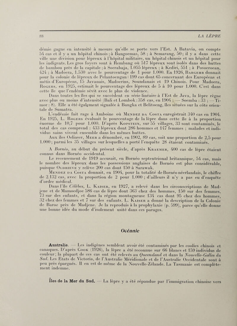 demie gagne en intensité à mesure qu'elle se porte vers l’Est. A Batavia, on compte 54 cas et il y a un hôpital chinois ; à Bangoemas, 58 ; à Semarang, 50 ; il y a dans cette ville une division pour lépreux à l’hôpital militaire, un hôpital chinois et un hôpital pour les indigents. Les gros foyers sont à Rembang où 517 lépreux sont isolés dans des huttes de bambou près de la capitale ; à Soerabaja, 1.055 lépreux ; à Kediri, 551 ; à Posoeroean, 424 ; à Madoera, 1.530 avec le pourcentage de 1 pour 1.000. En 1926, Bargehr donnait pour la colonie de lépreux de Peïantoengan • 199 cas dont 65 concernant des Européens et métis d’Européens, 15 Javanais, Madoerins, Soundanais et 19 Chinois. Pour Madoera, Rogers, en 1925, estimait le pourcentage des lépreux de 5 à 10 pour 1.000. C’est dans cette île que l’endémie sévit avec le plus de violence. Dans toutes les îles qui se succèdent en série linéaire à l’Est de Java, la lèpre règne avec plus ou moins d’intensité (Bali et Lombok :358 cas, en 1904 ; — Soemba : 33 ; — Ti¬ mor : 8). Elle a été également signalée à Bangka et Belitoeng, îles situées sur la côte orien¬ tale de Sumatra. L’endémie fait rage à Amboine où Mendez da Costa enregistrait 340 cas en 1904. En 1925, L. Rogers évaluait le pourcentage de la lèpre dans cette île à la proportion énorme de 10,7 pour 1.000. D’après Kopstein, sur 55 villages, 33 sont contaminés, le total des cas comprend : 433 lépreux dont 286 hommes et 147 femmes ; malades et indi¬ vidus sains vivent ensemble dans les mêmes huttes. Aux îles Oeliaser, Meer a dénombré, en 1902, 89 cas, soit une proportion de 2,5 pour 1.000 ; parmi les 35 villages sur lesquelles a porté l’enquête 28 étaient contaminés. A Bo rnéo, au début du présent siècle, d’après Kraemer, 400 cas de lèpre étaient connus dans Bornéo occidental. Le recensement de 1919 accusait, en Bornéo septentrional britannique, 54 cas, mais le nombre des lépreux dans les possessions anglaises de Bornéo est plus considérable, puisque Oldrieve y relève 200 cas dont 150 à Sarawak. Mendez da Costa donnait, en 1904, pour la totalité de Bornéo néerlandais, le chiffre de 2.132 cas, avec la proportion de 2 pour 1.000 ; d’ailleurs il n’y a pas eu d’enquête d’ordre médical. Dans l’île Célèbes, L. Kaiser, en 1927, a relevé dans les circonscriptions de Mad- jene et de Mamoedjoe 586 cas de lèpre dont 363 chez des hommes, 150 sur des femmes. 73 sur des enfants, et dans la région montagneuse 134 cas dont 95 chez des hommes, 32 chez des femmes et 7 sur des enfants. L. Kaiser a donné la description de la Colonie de Baroe près de Madjene. Je la reproduis à la prophylaxie (p. 599), parce qu’elle donne une bonne idée du mode d’isolement usité dans ces parages. Océanie Australie. — Les indigènes semblent avoir été contaminés par les coolies chinois et canaques. D’après Cook (1926), la lèpre a été reconnue sur 66 blancs et 159 individus de couleur; la plupart de ces cas ont été relevés au Queensland et dans la N oiw elle-Galles du Sud. Les Etats de Victoria, de l’Australie Méridionale et de l’Australie Occidentale sont à peu près épargnés. Il en est de même de la Nouvelle-Zélande. La Tasmanie est complète¬ ment indemne. Iles de la Mer du Sud. — La lèpre y a été répandue par l’immigration chinoise vers