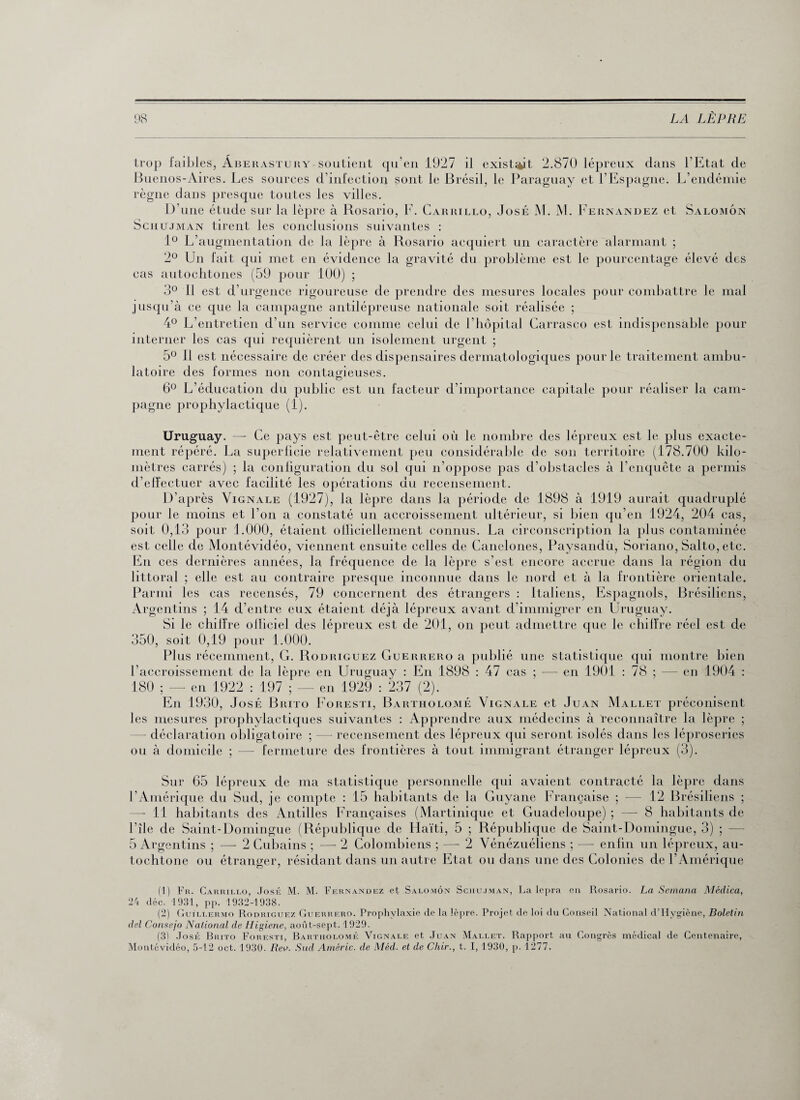 trop faibles, Âberastury soutient qu’en 1927 il existât 2.870 lépreux dans l’Etat de Buenos-Aires. Les sources d’infection sont le Brésil, le Paraguay et l’Espagne. L’endémie règne dans presque toutes les villes. D’une étude sur la lèpre à Rosario, F. Carrillo, José M. M. Fernandez et Salomon Schujman tirent les conclusions suivantes : 1° L’augmentation de la lèpre à Rosario acquiert un caractère alarmant ; 2« Un f ait qui met en évidence la gravité du problème est le pourcentage élevé des cas autochtones (59 pour 100) ; 3° 11 est d’urgence rigoureuse de prendre des mesures locales pour combattre le mal jusqu’à ce que la campagne antilépreuse nationale soit réalisée ; 4° L’entretien d’un service comme celui de l’hôpital Carrasco est indispensable pour interner les cas qui requièrent un isolement urgent ; 5° Il est nécessaire de créer des dispensaires dermatologiques pour le traitement ambu¬ latoire des formes non contagieuses. 6° L’éducation du public est un facteur d’importance capitale pour réaliser la cam¬ pagne prophylactique (1). Uruguay. — Ce pays est peut-être celui où le nombre des lépreux est le plus exacte¬ ment répéré. La superficie relativement peu considérable de son territoire (178.700 kilo¬ mètres carrés) ; la configuration du sol qui n’oppose pas d’obstacles à l’enquête a permis d’effectuer avec facilité les opérations du recensement. D’après Vignale (1927), la lèpre dans la période de 1898 à 1919 aurait quadruplé pour le moins et l’on a constaté un accroissement ultérieur, si bien qu’en 1924, 204 cas, soit 0,13 pour 1.000, étaient officiellement connus. La circonscription la plus contaminée est celle de Montévidéo, viennent ensuite celles de Canelones, Paysandü, Soriano, Salto, etc. En ces dernières années, la fréquence de la lèpre s’est encore accrue dans la région du littoral ; elle est au contraire presque inconnue dans le nord et à la frontière orientale. Parmi les cas recensés, 79 concernent des étrangers : Italiens, Espagnols, Brésiliens, Argentins ; 14 d’entre eux étaient déjà lépreux avant d’immigrer en Uruguay. Si le chiffre officiel des lépreux est de 201, on peut admettre que le chiffre réel est de 350, soit 0,19 pour 1.000. Plus récemment, G. Rodriguez Guerrero a publié une statistique qui montre bien l’accroissement de la lèpre en Uruguay : En 1898 : 47 cas ; — en 1901 : 78 ; — en 1904 : 180 ; — en 1922 : 197 ; — en 1929 : 237 (2). En 1930, José Brito Foresti, Bartholomé Vignale et Juan Mallet préconisent les mesures prophylactiques suivantes : Apprendre aux médecins à reconnaître la lèpre ; - déclaration obligatoire ; — recensement des lépreux qui seront isolés dans les léproseries ou à domicile ; —- fermeture des frontières à tout immigrant étranger lépreux (3). Sur 65 lépreux de ma statistique personnelle qui avaient contracté la lèpre dans l’Amérique du Sud, je compte : 15 habitants de la Guyane Française ; — 12 Brésiliens ; — 11 habitants des Antilles Françaises (Martinique et Guadeloupe) ; — 8 habitants de l’île de Saint-Domingue (République de Haïti, 5 ; République de Saint-Domingue, 3) ; — 5 Argentins ; — 2 Cubains ; — 2 Colombiens ; — 2 Vénézuéliens ; — enfin un lépreux, au¬ tochtone ou étranger, résidant dans un autre Etat ou dans une des Colonies de l’Amérique (1) Fr. Carrillo, José M. M. Fernandez et Salomon Schujman, La lepra en Rosario. La Sernana Médica, 24 déc. 1931, pp. 1932-1938. (2) Guillermo Rodriguez Guerrero. Prophylaxie de la lèpre. Projet de loi du Conseil National d’Hvgiène, Boletin del Consejo National de Higiene, août-sept. 1929. (3) José Brito Foresti, Bartiiolomé Vignale et Juan Mallet. Rapport au Congrès médical de Centenaire, Montévidéo, 5-12 oct. 1930. Rev. Sud Améric. de Méd. et de Chir., t. I, 1930, p. 1277.