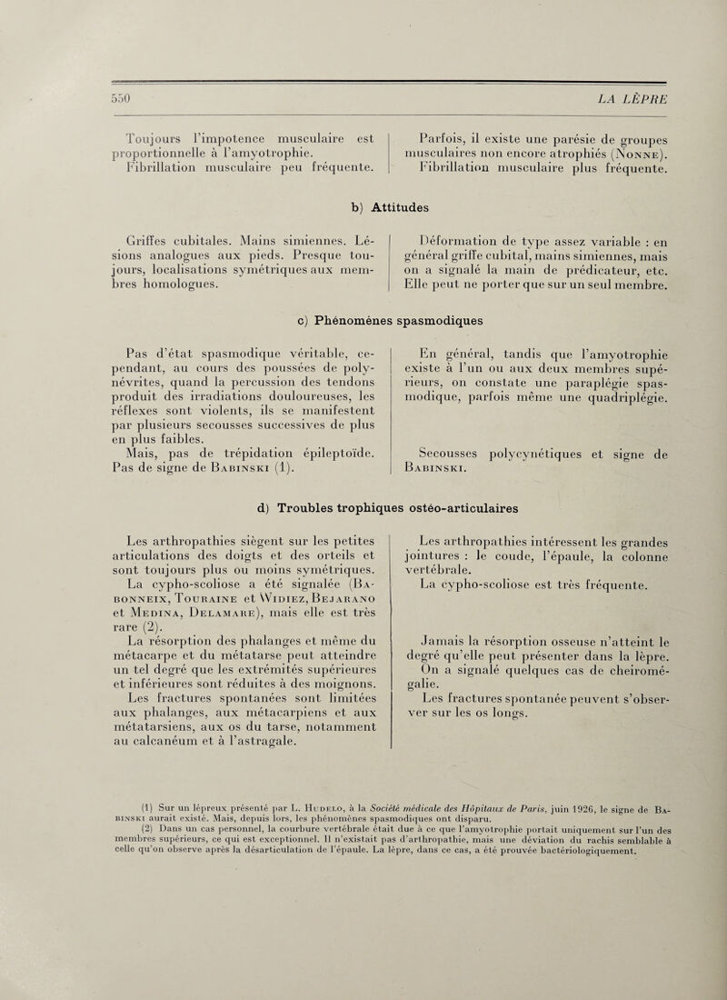 Toujours l’impotence musculaire est proportionnelle à l’amyotrophie. Fibrillation musculaire peu fréquente. Parfois, il existe une parésie de groupes musculaires non encore atrophiés (Nonne). Fibrillation musculaire plus fréquente. b) Attitudes Griffes cubitales. Mains simiennes. Lé¬ sions analogues aux pieds. Presque tou¬ jours, localisations symétriques aux mem¬ bres homologues. c) Pbénomèi Pas d’état spasmodique véritable, ce¬ pendant, au cours des poussées de poly¬ névrites, quand la percussion des tendons produit des irradiations douloureuses, les réflexes sont violents, ils se manifestent par plusieurs secousses successives de plus en plus faibles. Mais, pas de trépidation épileptoïde. Pas de signe de Babinski (1). Déformation de type assez variable : en général griffe cubital, mains simiennes, mais on a signalé la main de prédicateur, etc. Elle peut ne porter que sur un seul membre. spasmodiques En général, tandis que l’amyotrophie existe à l’un ou aux deux membres supé¬ rieurs, on constate une paraplégie spas¬ modique, parfois même une quadriplégie. Secousses polycynétiques et signe de Babinski. d) Troubles trophiques ostéo-articulaires Les arthropathies siègent sur les petites articulations des doigts et des orteils et sont toujours plus ou moins symétriques. La cypho-scoliose a été signalée (Ba- bonneix, Touraine et Widiez, Bejarano et Médina, Delamare), mais elle est très rare (2). La résorption des phalanges et même du métacarpe et du métatarse peut atteindre un tel degré que les extrémités supérieures et inférieures sont réduites à des moignons. Les fractures spontanées sont limitées aux phalanges, aux métacarpiens et aux métatarsiens, aux os du tarse, notamment au calcanéum et à l’astragale. Les arthropathies intéressent les grandes jointures : le coude, l’épaule, la colonne vertébrale. La cypho-scoliose est très fréquente. Jamais la résorption osseuse n’atteint le degré qu’elle peut présenter dans la lèpre. On a signalé quelques cas de cheiromé- galie. Les fractures spontanée peuvent s’obser¬ ver sur les os longs. (1) Sur un lépreux présenté par L. Hudelo, à la Société médicale des Hôpitaux de Paris, juin 1926, le signe de Ba¬ binski aurait existé. Mais, depuis lors, les phénomènes spasmodiques ont disparu. (2) Dans un cas personnel, la courbure vertébrale était due à ce que l’amyotrophie portait uniquement sur l’un des membres supérieurs, ce qui est exceptionnel. Il n’existait pas d’artbropathie, mais une déviation du rachis semblable à celle qu’on observe après la désarticulation de l’épaule. La lèpre, dans ce cas, a été prouvée bactériologiquement.