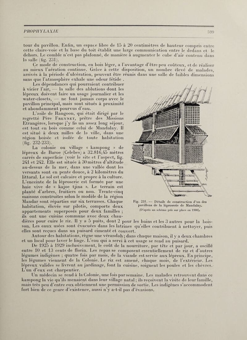 tour du pavillon. Enlin, un espace libre de 15 à 20 centimètres de hauteur compris entre cette claire-voie et la base du toit établit une large communication entre le dedans et le dehors. Le comble n’est pas plafonné, de manière à augmenter le cube d’air contenu dans la salle (fig. 231). Ce mode de construction, en bois léger, a l’avantage d’être peu coûteux, et de réaliser au mieux l’aération continue. Grâce à cette disposition, un nombre élevé de malades, arrivés à la période d’ulcération, peuvent être réunis dans une salle de faibles dimensions sans que l’atmosphère exhale une odeur fétide . Les dépendances qui pourraient contribuer à vicier l’air, — la salle des ablutions dont les lépreux doivent faire un usage journalier et les water-closets, — ne font jamais corps avec le pavillon principal, mais sont situés à proximité et abondamment pourvus d’eau. L’asile de Rangoon, qui était dirigé par le regretté Père Freynet, prêtre des Missions Etrangères, lorsque j’y fis un assez long séjour, est tout en bois comme celui de Mandalay. Il est situé à deux milles de la ville, dans une région boisée et isolée de toute habitation (fig. 232-233). La colonie ou village « kampong » de lépreux de Baroe (Celebes) a 32.816,45 mètres carrés de superficie (voir le site et l’aspect, fig. 241 et 242. Elle est située à 30mètres d’altitude au-dessus de la mer, dans une vallée dont les versants sont en pente douce, à 2 kilomètres du littoral. Le sol est calcaire et propre à la culture. L’enceinte de la léproserie est formée par une haie vive de « kajoe tjina ». Le terrain est planté d’arbres, fruitiers ou non. Trente-cinq maisons construites selon le modèle de la région Mandar sont réparties sur six terrasses. Chaque habitation, élevée sur pilotis, comporte deux appartements superposés pour deux familles ; ils ont une cuisine commune avec deux chau¬ dières pour cuire le riz. Il y a 5 puits, dont 2 pour les bains et les 3 autres pour la bois¬ son. Les eaux usées sont évacuées dans les latrines qu’elles contribuent à nettoyer, puis elles sont reçues dans un puisard cimenté et couvert. Autour des habitations, règne une vérandah ; dans chaque maison, il y a deux chambres et un local pour laver le linge. L’eau qui a servi à cet usage se rend au puisard. De 1925 à 1929 inclusivement, le coût de la nourriture, par tête et par jour, a oscillé entre 10 et 13 cents de florin. Les repas se composent essentiellement de riz et d’autres légumes indigènes ; quatre fois par mois, de la viande est servie aux lépreux. En principe, les légumes viennent de la Colonie. Le riz est amené, chaque mois, de l’extérieur. Les lépreux valides se livrent au jardinage, font la cuisine, soignent les poules et les chèvres. L’un d’eux est charpentier. Un médecin se rend à la Colonie, une fois par semaine. Les malades retrouvent dans ce kampong la vie qu’ils menaient dans leur village natal ; ils reçoivent la visite de leur famille, mais très peu d’entre eux obtiennent une permission de sortie. Les indigènes s’accommodent fort bien de ce genre d’existence, aussi n’y a-t-il pas d’évasions. Fig. 231. — Détails de construction d’un des pavillons de la léproserie de Mandalay. (D’après un schéma pris sur place en 1900).