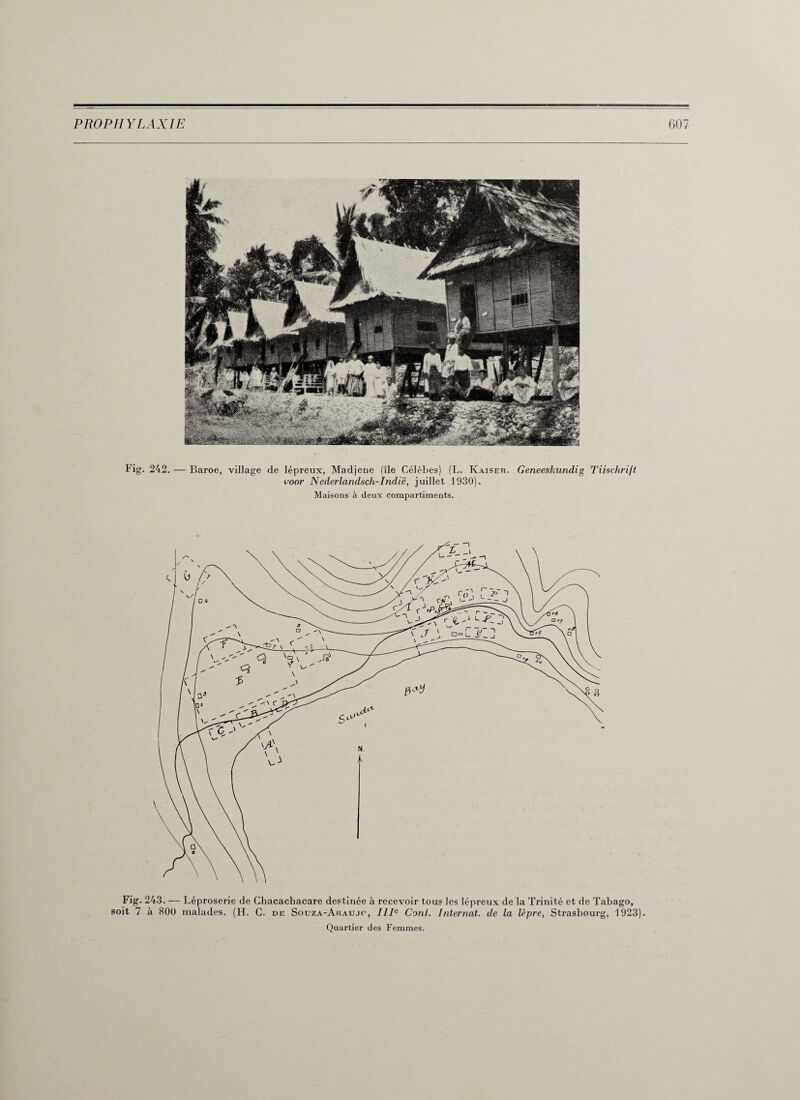 Fig. 242. — Baroe, village de lépreux, Madjene (île Célèbes) (L. Kaiser. Geneeskundig Tiischrift voor Nederlandsch-Indië, juillet 1930). Maisons à deux compartiments. Fig. 243. — Léproserie de Chacachacare destinée à recevoir tous les lépreux de la Trinité et de Tabago, soit 7 à 800 malades. (H. C. de Souza-Araujo, IIIe Conl. Internat, de la lèpre, Strasbourg, 1923). Quartier des Femmes.