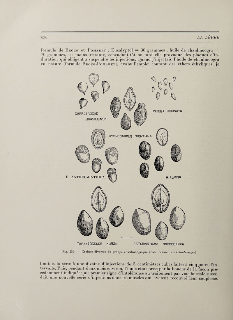 formule de Brocq et Pomaret : Eucalyptol = 30 grammes ; huile de chaulmoogra = 70 grammes, est moins irritante, cependant tôt ou tard elle provoque des plaques d’in¬ duration qui obligent à suspendre les injections. Quand j'injectais l’huile de chaulmoogra en nature (formule Brocq-Pomaret), avant l’emploi courant des éthers éthyliques, je TRRAKTOGENQS KURZII ASTERIASTIGMA MACROCARPA Fig. 259. — Graines diverses du groupe chaulmoogrique (Em. Perrot, Le Chaulmoogra). limitais la série à une dizaine d’injections de 5 centimètres cubes faites à cinq jours d’in¬ tervalle. Puis, pendant deux mois environ, l’huile était prise par la bouche de la façon pré¬ cédemment indiquée ; au premier signe d’intolérance au traitement par voie buccale succé¬ dait une nouvelle série d’injections dans les muscles qui avaient recouvré leur souplesse.