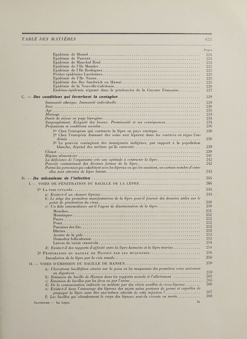 Pages Epidémie de Memel. 224 Epidémie de Parcent. 224 Epidémie de Manchal Real. 224 Epidémie de F lie Maurice. 225 Epidémie de l’Jle Rodriguez. 225 Petites épidémies Laotiennes. 225 Epidémie de l’Ile Nauru. 225 Epidémie des Iles Sandwich ou Hawaï.. 225 Epidémie de la Nouvelle-Calédonie. 226 Endémo-épidémie régnant dans le pénitencier de la Guyane Française. 227 C. — Des conditions qui favorisent la contagion. 229 Immunité ethnique. Immunité individuelle. 229 Sexe . 230 Age. 231 Mariage. 233 Durée de séjour en pays léprogène. 234 Surpeuplement. Exiguité des locaux. Promiscuité et ses conséquences. 234 Professions et conditions socicdes. 236 1° Chez l’européen qui contracte la lèpre en pays exotique. 236 2° Chez l’européen donnant des soins aux lépreux dans les contrées où règne l'en¬ démie . 238 3° Le pouvoir contagieux des immigrants indigènes, par rapport à la population blanche, dépend des métiers qu’ils exercent. 239 Climat. 239 Régime alimentaire. 241 La déficience de Vorganisme crée une aptitude à contracter la lèpre. 242 Pouvoir contaminant des diverses formes de la lèpre. 242 Parmi les personnes qui cohabitent avec les lépreux ou qui les assistent, un certain nombre d'entre elles sont atteintes de lèpre latente. 243 D. — Du mécanisme de l’infection. 244 I. - VOIES DE PÉNÉTRATION DU BACILLE DE LA LÈPRE. 244 1° La VOIE CUTANÉE. 244 a) Existe-t-il un chancre lépreux. 244 b ) Le siège des premières manifestations de la lèpre peut-il fournir des données utiles sur le point de pénétration du virus. 248 c) Un hôte intermédiaire est-il Vagent de dissémination de la lèpre. 250 Mouches. 251 Moustiques ... 252 Puces. 252 Poux. 252 Punaises des lits. 253 Blattes . 253 Acares de la gale. 253 Demodex folliculorum. 253 Larves de tænia crassicola. 254 d) Existe-t-il des rapports d'affinité entre la lèpre humaine et la lèpre murine. 2o4 2° Pénétration du bacille de Hansen par les muqueuses. 256 Inoculation de la lèpre par la voie nasale. 256 II. _ VOIES D’ÉMISSION DU BACILLE DE HANSEN. . .. 259 a) Ulcérations bacillifères situées sur la peau ou les muqueuses des premières voies aériennes ou digestives. 259 b) Emission du bacille de Hansen dans les rapports sexuels et l'allaitement . 263 c) Emission de bacilles par les fèces ou par l'urine. 265 d) De la contamination indirecte ou médiate par des objets souillés de virus lépreux. 266 e) Existe-t-il dans l'entourage des lépreux des sujets sains porteurs de germe et capables de propager la lèpre sans être eux-mêmes atteints de cette infection ?. 267 f) Les bacilles qui abandonnent le corps des lépreux sont-ils vivants ou morts. 268 Jeanselme. — La Lèpre, 51