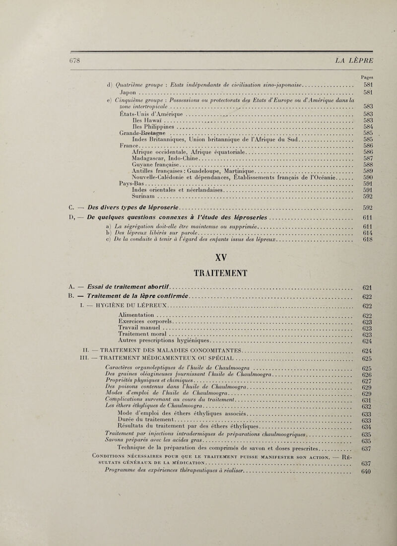 Pages d) Quatrième groupe : Etats indépendants de civilisation sino-japonaise. 581 Japon. 581 e) Cinquième groupe : Possessions ou protectorats des Etats d'Europe ou d'Amérique dans la zone intertropicale.^. 583 États-Unis d’Amérique. 583 Iles Hawaï. 583 Iles Philippines .. 584 Grande-Bretagne . 585 Indes Britanniques, Union britannique de l’Afrique du Sud. 585 France. 586 Afrique occidentale, Afrique équatoriale. 586 Madagascar, Indo-Chine. 587 Guyane française. 588 Antilles françaises : Guadeloupe, Martinique. 589 Nouvelle-Calédonie et dépendances, Établissements français de l’Océanie. 590 Pays-Bas. 591 j Indes orientales et néerlandaises. 591 Surinam. 592 C. — Des divers types de léproserie. 592 D, — De quelques questions connexes à l’étude des léproseries. 611 a) La ségrégation doit-elle être maintenue ou supprimée. 611 b) Des lépreux libérés sur parole. 614 c) De la conduite à tenir à l'égard des enfants issus des lépreux. 618 XV TRAITEMENT A. — Essai de traitement abortif. 621 B. — Traitement de la lèpre confirmée. . 622 I. — HYGIÈNE DU LÉPREUX. 622 Alimentation. 622 Exercices corporels. 623 Travail manuel. 623 Traitement moral. 623 Autres prescriptions hygiéniques. 624 II. — TRAITEMENT DES MALADIES CONCOMITANTES. 624 III. — TRAITEMENT MÉDICAMENTEUX OU SPÉCIAL. 625 Caractères organoleptiques de l'huile de Chaulmoogra . 625 Des graines oléagineuses fournissant l'huile de Chaulmoogra. 626 Propriétés physiques et chimiques. 627 Des poisons contenus clans l'huile de Chaulmoogra. 629 Modes d'emploi de l'huile de Chaulmoogra. 629 Complications survenant au cours du traitement.;. 631 Les éthers éthyliques de Chaulmoogra. 632 Mode d’emploi des éthers éthyliques associés. 633 Durée du traitement. 633 Résultats du traitement par des éthers éthyliques. 634 Traitement par injections intradermiques de préparations chaulmoogriques. 635 Savons préparés avec les acides gras. 635 Technique de la préparation des comprimés de savon et doses prescrites. 637 Conditions nécessaires pour que le traitement puisse manifester son action. — Ré¬ sultats GÉNÉRAUX. DE LA MÉDICATION. 637 Programme des expériences thérapeutiques à réaliser. 640