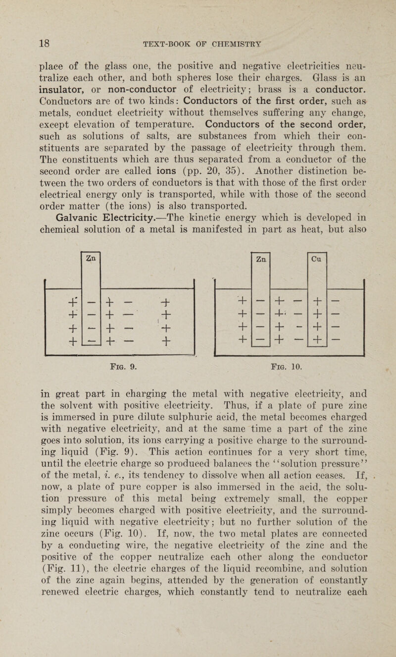 place of the glass one, the positive and negative electricities neu¬ tralize each other, and both spheres lose their charges. Glass is an insulator, or non-conductor of electricity; brass is a conductor. Conductors are of two kinds: Conductors of the first order, such as metals, conduct electricity without themselves suffering any change, except elevation of temperature. Conductors of the second order, such as solutions of salts, are substances from which their con¬ stituents are separated by the passage of electricity through them. The constituents which are thus separated from a conductor of the second order are called ions (pp. 20, 35). Another distinction be¬ tween the two orders of conductors is that with those of the first order electrical energy only is transported, while with those of the second order matter (the ions) is also transported. Galvanic Electricity.—The kinetic energy which is developed in chemical solution of a metal is manifested in part as heat, but also Fig. 9. Fig. 10. in great part in charging the metal with negative electricity, and the solvent with positive electricity. Thus, if a plate of pure zinc is immersed in pure dilute sulphuric acid, the metal becomes charged with negative electricity, and at the same time a part of the zinc goes into solution, its ions carrying a positive charge to the surround¬ ing liquid (Fig. 9). This action continues for a very short time, until the electric charge so produced balances the “solution pressure” of the metal, i. e., its tendency to dissolve when all action ceases. If, . now, a plate of pure copper is also immersed in the acid, the solu¬ tion pressure of this metal being extremely small, the copper simply becomes charged with positive electricity, and the surround¬ ing liquid with negative electricity; but no further solution of the zinc occurs (Fig. 10). If, now, the two metal plates are connected by a conducting wire, the negative electricity of the zinc and the positive of the copper neutralize each other along the conductor (Fig. 11), the electric charges of the liquid recombine, and solution of the zinc again begins, attended by the generation of constantly renewed electric charges, which constantly tend to neutralize each