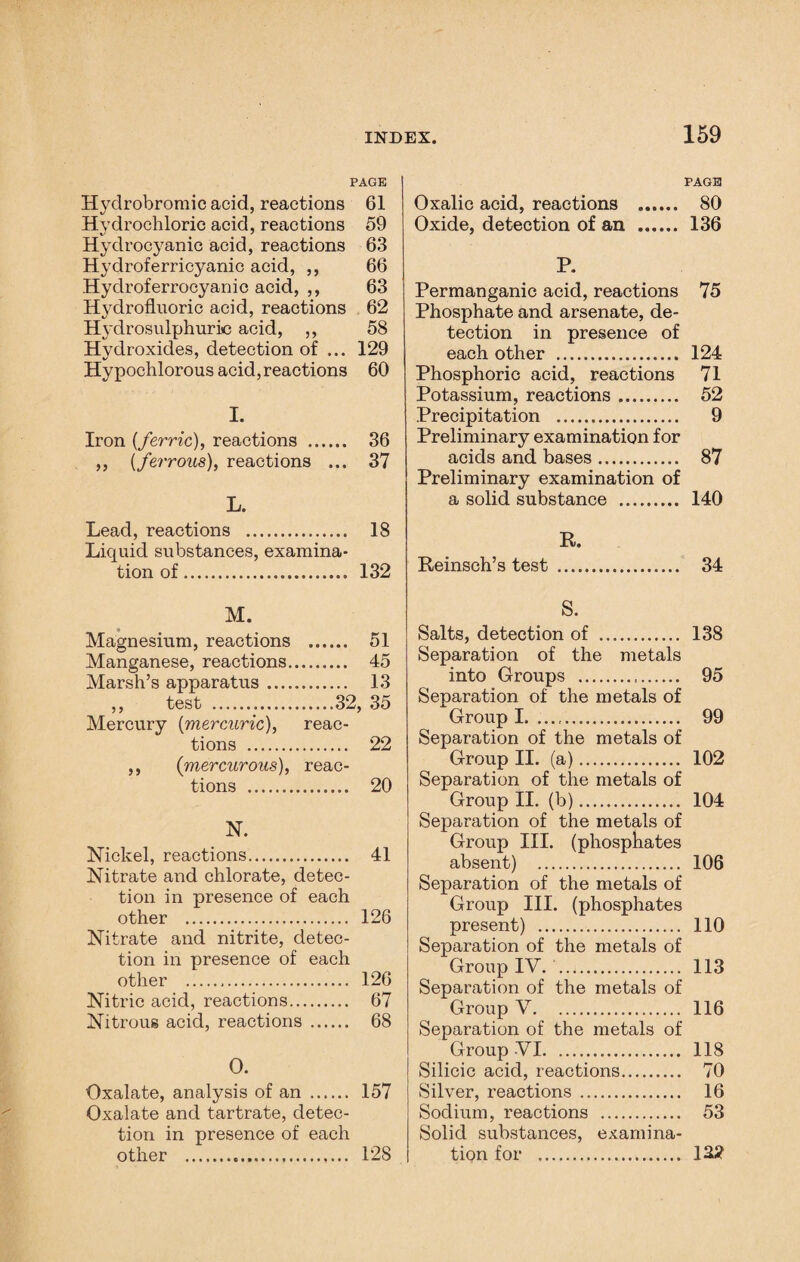 PAGE Hyclrobromic acid, reactions 61 Hydrochloric acid, reactions 59 Hydrocyanic acid, reactions 63 Hydroferricyanic acid, ,, 66 Hydroferrocyanic acid, ,, 63 Hydrofluoric acid, reactions 62 Hydrosulphuric acid, ,, 58 Hydroxides, detection of ... 129 Hypochlorous acid, reactions 60 I. Iron {ferric), reactions . 36 ,, {ferrous), reactions ... 37 L. Lead, reactions . 18 Liquid substances, examina¬ tion of. 132 M. Magnesium, reactions . 51 Manganese, reactions. 45 Marsh’s apparatus. 13 ,, test .32, 35 Mercury {mercuric), reac¬ tions . 22 ,, (mercurous), reac¬ tions . 20 N. Nickel, reactions. 41 Nitrate and chlorate, detec¬ tion in presence of each other . 126 Nitrate and nitrite, detec¬ tion in presence of each other . 126 Nitric acid, reactions. 67 Nitrous acid, reactions . 68 O. Oxalate, analysis of an . 157 Oxalate and tartrate, detec¬ tion in presence of each other .,... 128 PAGE Oxalic acid, reactions . 80 Oxide, detection of an . 136 P. Permanganic acid, reactions 75 Phosphate and arsenate, de¬ tection in presence of each other . 124 Phosphoric acid, reactions 71 Potassium, reactions. 52 Precipitation . 9 Preliminary examination for acids and bases. 87 Preliminary examination of a solid substance . 140 R. Reinsch’s test . 34 S. Salts, detection of . 138 Separation of the metals into Groups . 95 Separation of the metals of Group I. ...,. 99 Separation of the metals of Group II. (a). 102 Separation of the metals of Group II. (b). 104 Separation of the metals of Group III. (phosphates absent) . 106 Separation of the metals of Group III. (phosphates present) . 110 Separation of the metals of Group IV. . 113 Separation of the metals of Group V. 116 Separation of the metals of Group VI. 118 Silicic acid, reactions. 70 Silver, reactions. 16 Sodium, reactions . 53 Solid substances, examina¬ tion for . 13?