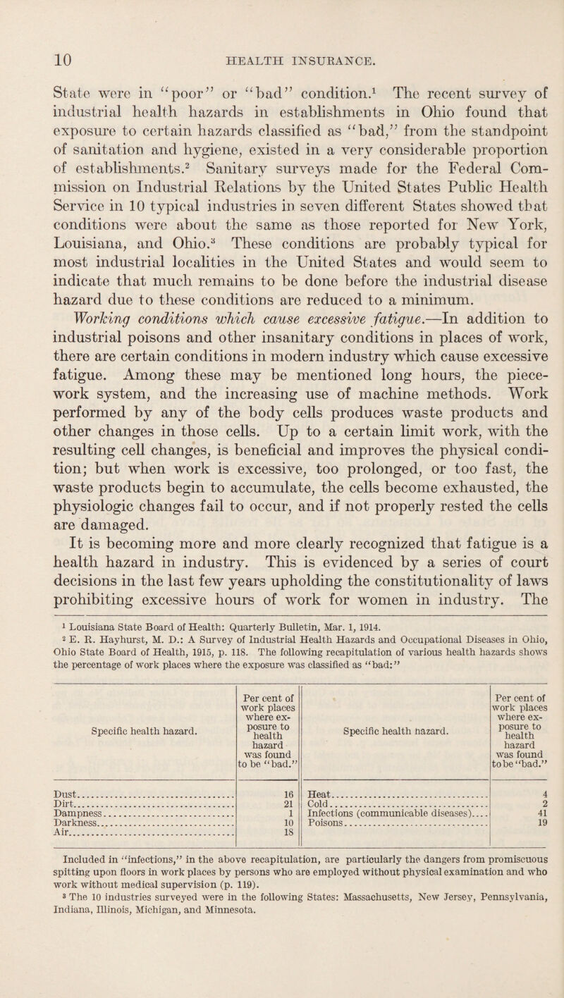 State were in ^^poor” or condition^ The recent survey of industrial health hazards in establishments in Ohio found that exposure to certain hazards classified as “bad/’ from the standpoint of sanitation and hygiene, existed in a very considerable proportion of establishments.2 Sanitary surveys made for the Federal Com¬ mission on Industrial Relations by the United States Public Health Service in 10 typical industries in seven different States showed that conditions were about the same as those reported for New York, Louisiana, and Ohio.'^ These conditions are probably typical for most industrial localities in the United States and would seem to indicate that much remains to be done before the industrial disease hazard due to these conditions are reduced to a minimum. Worhing conditions which cause excessive fatigue.—In addition to industrial poisons and other insanitary conditions in places of work, there are certain conditions in modern industry which cause excessive fatigue. Among these may be mentioned long hours, the piece¬ work system, and the increasing use of machine methods. Work performed by any of the body cells produces waste products and other changes in those cells. Up to a certain limit work, with the resulting cell changes, is beneficial and improves the physical condi¬ tion; but when work is excessive, too prolonged, or too fast, the waste products begin to accumulate, the cells become exhausted, the physiologic changes fail to occur, and if not properly rested the cells are damaged. It is becoming more and more clearly recognized that fatigue is a health hazard in industry. This is evidenced by a series of court decisions in the last few years upholding the constitutionality of laws prohibiting excessive hours of work for women in industry. The 1 Louisiana State Board of Health; Quarterly Bulletin, Mar. 1,1914. 2 E. R. Hayhurst, M. D.: A Survey of Industrial Health Hazards and Occupational Diseases in Ohio, Ohio State Board of Health, 1915, p. 118. The following recapitulation of various health hazards shows the percentage of work places where the exposinre was classified as “bad:” Specific health hazard. Per cent of work places where ex¬ posure to health hazard was found to be “bad.” Specific health nazard. Per cent of work places where ex- posme to health hazard was found tobe“bad.” Dust. 16 Heat. 4 Dirt. 21 Cold. 2 Dampness. 1 Infections (communicable diseases).... 41 Darkness. 10 Poisons. 19 Air. 18 Included in “infections,” in the above recapitulation, are particularly the dangers from promiscuous spitting upon floors in work places by persons who are employed without physical examination and who work without medical supervision (p. 119). 3 The 10 industries surveyed were in the following States: Massachusetts, New Jersey, Pennsylvania, Indiana, Illinois, Michigan, and Minnesota.