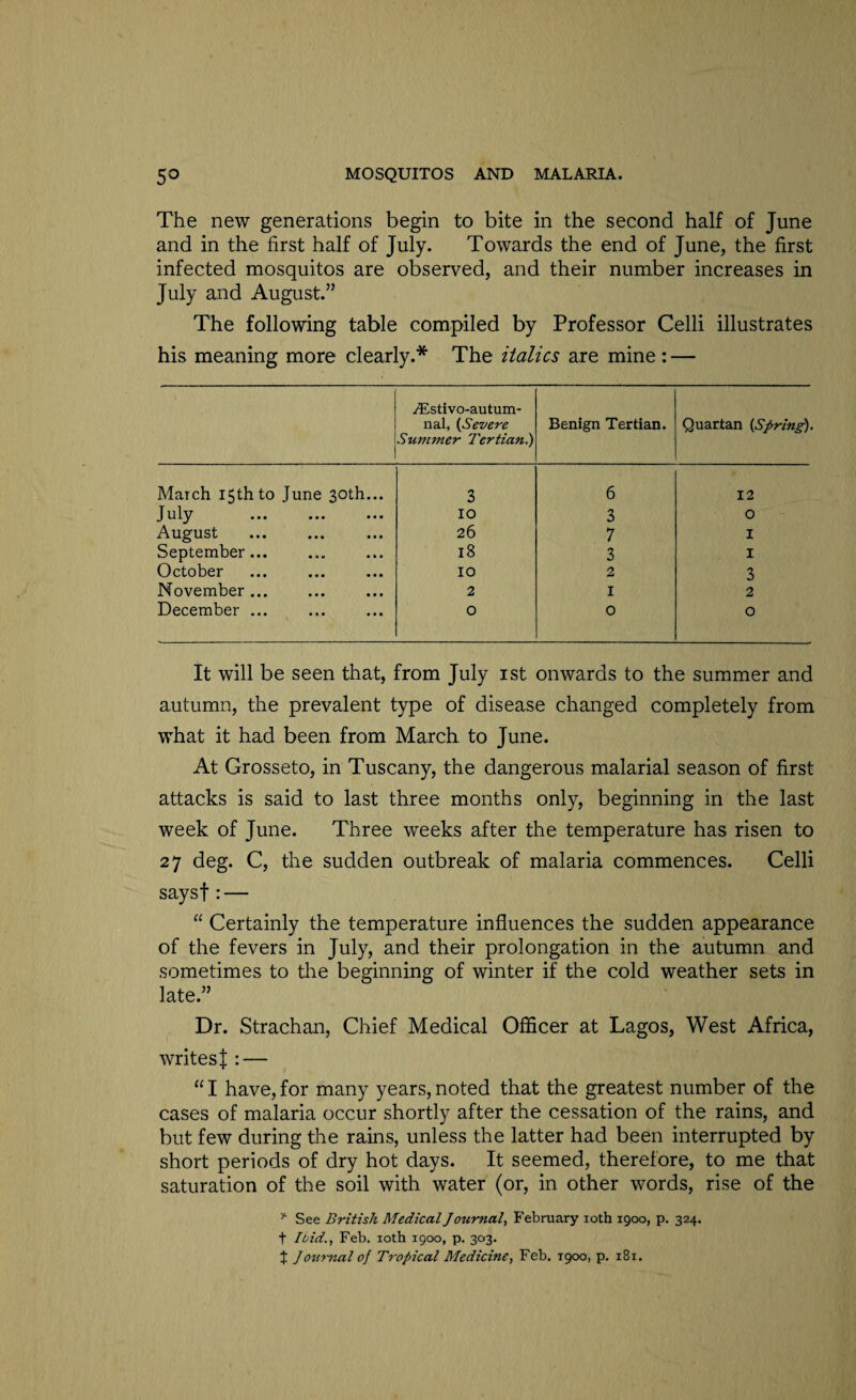 The new generations begin to bite in the second half of June and in the first half of July. Towards the end of June, the first infected mosquitos are observed, and their number increases in July and August.” The following table compiled by Professor Celli illustrates his meaning more clearly.* The italics are mine : — ^Estivo-autum- nal, (Severe Summer Tertian.) Benign Tertian. Quartan {Spring). Match 15th to June 30th... 3 6 12 July . 10 3 O August 26 7 I September... 18 3 I October 10 2 3 November ... 2 1 2 December ... O 0 0 It will be seen that, from July ist onwards to the summer and autumn, the prevalent type of disease changed completely from what it had been from March to June. At Grosseto, in Tuscany, the dangerous malarial season of first attacks is said to last three months only, beginning in the last week of June. Three weeks after the temperature has risen to 27 deg. C, the sudden outbreak of malaria commences. Celli saysf : — “ Certainly the temperature influences the sudden appearance of the fevers in July, and their prolongation in the autumn and sometimes to the beginning of winter if the cold weather sets in late.” Dr. Strachan, Chief Medical Officer at Lagos, West Africa, writes! : — “I have,for many years,noted that the greatest number of the cases of malaria occur shortly after the cessation of the rains, and but few during the rains, unless the latter had been interrupted by short periods of dry hot days. It seemed, therefore, to me that saturation of the soil with water (or, in other words, rise of the r See British Medical Journal, February 10th 1900, p. 324. t Hid., Feb. 10th 1900, p. 303. t /ournal of Tropical Medicine, Feb. 1900, p. 181.