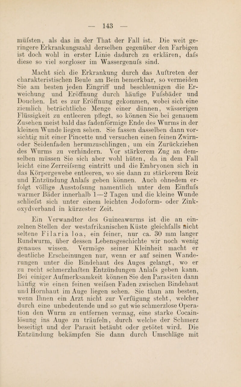 müfsten, als das in der That der Fall ist. Die weit ge¬ ringere Erkrankungszalil derselben gegenüber den Farbigen ist doch wohl in erster Linie dadurch zu erklären, dafs diese so viel sorgloser im Wassergenufs sind. Macht sich die Erkrankung durch das Auftreten der charakteristischen Beule am Bein bemerkbar, so vermeiden Sie am besten jeden Eingriff und beschleunigen die Er¬ weichung und Eröffnung durch häufige Fufsbäder und Douchen. Ist es zur Eröffnung gekommen, wobei sich eine ziemlich beträchtliche Menge einer dünnen, wässerigen Flüssigkeit zu entleeren pflegt, so können Sie bei genauem Zusehen meist bald das fadenförmige Ende des Wurms in der kleinen Wunde liegen sehen. Sie fassen dasselben dann vor¬ sichtig mit einer Pincette und versuchen einen feinen Zwirn¬ oder Seidenfaden herumzuschlingen, um ein Zurückziehen des Wurms zu verhindern. Vor stärkerem Zug an dem¬ selben müssen Sie sich aber wohl hüten, da in dem Fall leicht eine Zerreifsung eintritt und die Embryonen sich in das Körpergewebe entleeren, wo sie dann zu stärkerem Reiz und Entzündung Anlafs geben können. Auch ohnedem er¬ folgt völlige Ausstofsung namentlich unter dem Einflufs warmer Bäder innerhalb 1—2 Tagen und die kleine Wunde schliefst sich unter einem leichten Jodoform- oder Zink- oxydverband in kürzester Zeit. Ein Verwandter des Guineawurms ist die an ein¬ zelnen Stellen der westafrikanischen Küste gleichfalls nicht seltene Filaria loa, ein feiner, nur ca. 30 mm langer Rundwurm, über dessen Lebensgeschichte wir noch wenig genaues wissen. Vermöge seiner Kleinheit macht er deutliche Erscheinungen nur, wenn er auf seinen Wande¬ rungen unter die Bindehaut des Auges gelangt, wo er zu recht schmerzhaften Entzündungen Anlafs geben kann. Bei einiger Aufmerksamkeit können Sie den Parasiten dann häufig wie einen feinen weifsen Faden zwischen Bindehaut und Hornhaut im Auge liegen sehen. Sie thun am besten, wenn Ihnen ein Arzt nicht zur Verfügung steht, welcher durch eine unbedeutende und so gut wie schmerzlose Opera¬ tion den Wurm zu entfernen vermag, eine starke Cocain¬ lösung ins Auge zu träufeln, durch welche der Schmerz beseitigt und der Parasit betäubt oder getötet wird. Die Entzündung bekämpfen Sie dann durch Umschläge mit