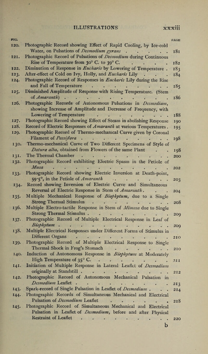 PIG. 120. 121. 122. 123. 124. 125. 126. 127. 128. 129. 130. I3I* 132. 133- 134- 135* 136. 137. 138. !39- 140. 141. 142. 143- 144- 145- Photographic Record showing Effect of Rapid Cooling, by Ice-cold Water, on Pulsations of Desmodium gyrans . . . . Photographic Record of Pulsations of Desmodium during Continuous Rise of Temperature from 30° C. to 390 C. .... Diminution of Response in Eucharis by Lowering of Temperature . After-effect of Cold on Ivy, Holly, and Eucharis Lily Photographic Record of Responses in Eucharis Lily during the Rise and Fall of Temperature ........ Diminished Amplitude of Response with Rising Temperature. (Stem of Amaranth) .......... Photographic Records of Autonomous Pulsations in Desmodium, showing Increase of Amplitude and Decrease of Frequency, with Lowering of Temperature . . . . . ... Photographic Record showing Effect of Steam in abolishing Response Record of Electric Responses of Amaranth at various Temperatures . Photographic Record of Thermo-mechanical Curve given by Coronal Filament of Passijlora ......... Thermo-mechanical Curve of Two Different Specimens of Style of Dahira alba, obtained from Flowers of the same Plant The Thermal Chamber ......... Photographic Record exhibiting Electric Spasm in the Petiole of Musa ........... Photographic Record showing Electric Inversion at Death-point, 59’5°, in the Petiole of Amaranth . . . . . . Record showing Inversion of Electric Curve and Simultaneous Reversal of Electric Response in Stem of Amaranth . Multiple Mechanical Response of Biophytum, due to a Single Strong Thermal Stimulus ........ Multiple Electro-tactile Response in Stem of Mimosa due to Single Strong Thermal Stimulus ........ Photographic Record of Multiple Electrical Response in Leaf of Biophytum ........... Multiple Electrical Responses under Different Forms of Stimulus in Different Organs ......... Photographic Record of Multiple Electrical Response to Single Thermal Shock in Frog’s Stomach . . . . . . Induction of Autonomous Response in Biophytum at Moderately High Temperature of 350 C. ...... Initiation of Multiple Response in Lateral Leaflet of Desmodium originally at Standstill ......... Photographic Record of Autonomous Mechanical Pulsation in Desmodium Leaflet . . . . . . Spark-record of Single Pulsation in Leaflet of Desmodium . . . Photographic Records of Simultaneous Mechanical and Electrical Pulsation of Desmodium Leaflet ...... Photographic Record of Simultaneous Mechanical and Electrical Pulsation in Leaflet of Desmodium, before and after Physical Restraint of Leaflet ......... b PAGE 181 182 183 184 185 186 188 190 195 I98 198 200 202 203 204 208 209 209 210 210 211 212 213 214 218 220