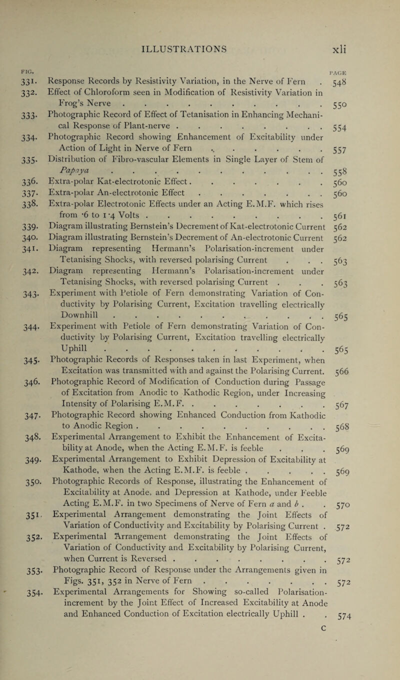 FIG. PAGE 331. Response Records by Resistivity Variation, in the Nerve of Fern . 548 332. Effect of Chloroform seen in Modification of Resistivity Variation in Frog’s Nerve .......... 550 333. Photographic Record of Effect of Tetanisation in Enhancing Mechani¬ cal Response of Plant-nerve ........ 554 334. Photographic Record showing Enhancement of Excitability under Action of Light in Nerve of Fern ....... 557 335. Distribution of Fibro-vascular Elements in Single Layer of Stem of Papaya ..558 336. Extra-polar Kat-electrotonic Effect....... 360 337. Extra-polar An-electrotonic Effect . . . . . . . 560 338. Extra-polar Electrotonic Effects under an Acting E. M.F. which rises from -6 to 1-4 Volts.. . . .561 339. Diagram illustrating Bernstein’s Decrement of Kat-electrotonic Current 562 340. Diagram illustrating Bernstein’s Decrement of An-electrotonic Current 562 341. Diagram representing Hermann’s Polarisation-increment under Tetanising Shocks, with reversed polarising Current . . . 563 342. Diagram representing Plermann’s Polarisation-increment under Tetanising Shocks, with reversed polarising Current . . . 563 343. Experiment with Petiole of Fern demonstrating Variation of Con¬ ductivity by Polarising Current, Excitation travelling electrically Downhill ........... 565 344. Experiment with Petiole of Fern demonstrating Variation of Con¬ ductivity by Polarising Current, Excitation travelling electrically Uphill.. 565 345. Photographic Records of Responses taken in last Experiment, when Excitation was transmitted with and against the Polarising Current. 566 346. Photographic Record of Modification of Conduction during Passage of Excitation from Anodic to Kathodic Region, under Increasing Intensity of Polarising E.M.F. ....... 567 347. Photographic Record showing Enhanced Conduction from Kathodic to Anodic Region .......... 568 348. Experimental Arrangement to Exhibit the Enhancement of Excita¬ bility at Anode, when the Acting E.M.F. is feeble . . . 569 349. Experimental Arrangement to Exhibit Depression of Excitability at Kathode, when the Acting E.M.F. is feeble . . . . 369 350. Photographic Records of Response, illustrating the Enhancement of Excitability at Anode, and Depression at Kathode, under Feeble Acting E.M.F. in two Specimens of Nerve of Fern a and b . . 570 351. Experimental Arrangement demonstrating the Joint Effects of Variation of Conductivity and Excitability by Polarising Current . 572 332. Experimental Arrangement demonstrating the Joint Effects of Variation of Conductivity and Excitability by Polarising Current, when Current is Reversed . . . . . . . .372 353. Photographic Record of Response under the Arrangements given in Figs. 351, 352 in Nerve of Fern ....... 372 354. Experimental Arrangements for Showing so-called Polarisation- increment by the Joint Effect of Increased Excitability at Anode and Enhanced Conduction of Excitation electrically Uphill . . 374 C
