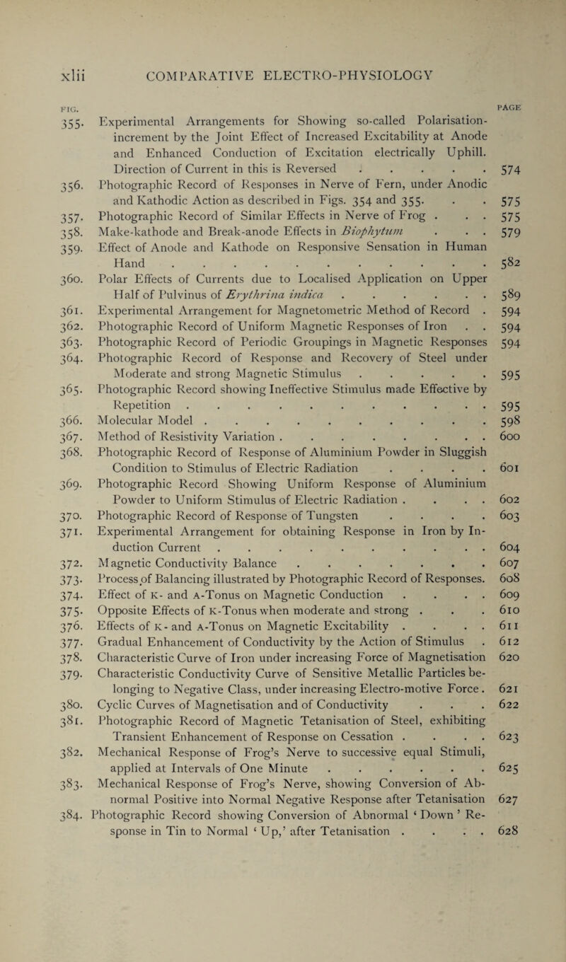 HIG. 355. Experimental Arrangements for Showing so-called Polarisation- increment by the Joint Effect of Increased Excitability at Anode and Enhanced Conduction of Excitation electrically Uphill. Direction of Current in this is Reversed ..... 356. Photographic Record of Responses in Nerve of Fern, under Anodic and Kathodic Action as described in Figs. 354 and 355. 357. Photographic Record of Similar Effects in Nerve of Frog . 358. Make-kathode and Break-anode Effects in Biophytum 359. Effect of Anode and Kathode on Responsive Sensation in Human Hand ,.••••••••• 360. Polar Effects of Currents due to Localised Application on Upper Half of Pulvinus of Erythrina indica . . . . . . 361. Experimental Arrangement for Magnetometric Method of Record . 362. Photographic Record of Uniform Magnetic Responses of Iron 363. Photographic Record of Periodic Groupings in Magnetic Responses 364. Photographic Record of Response and Recovery of Steel under Moderate and strong Magnetic Stimulus ..... 365. Photographic Record showing Ineffective Stimulus made Effective by Repetition ........... 366. Molecular Model .......... 367. Method of Resistivity Variation ........ 368. Photographic Record of Response of Aluminium Powder in Sluggish Condition to Stimulus of Electric Radiation .... 369. Photographic Record Showing Uniform Response of Aluminium Powder to Uniform Stimulus of Electric Radiation . . . . 370. Photographic Record of Response of Tungsten . . . . 371. Experimental Arrangement for obtaining Response in Iron by In¬ duction Current .......... 372. Magnetic Conductivity Balance ....... 373. Process of Balancing illustrated by Photographic Record of Responses. 374. Effect of k- and A-Tonus on Magnetic Conduction . . . . 375. Opposite Effects of K-Tonuswhen moderate and strong . 376. Effects of K- and A-Tonus on Magnetic Excitability . . . . 377. Gradual Enhancement of Conductivity by the Action of Stimulus 378. Characteristic Curve of Iron under increasing Force of Magnetisation 379. Characteristic Conductivity Curve of Sensitive Metallic Particles be¬ longing to Negative Class, under increasing Electro-motive Force . 380. Cyclic Curves of Magnetisation and of Conductivity 381. Photographic Record of Magnetic Tetanisation of Steel, exhibiting Transient Enhancement of Response on Cessation . . . . 382. Mechanical Response of Frog’s Nerve to successive equal Stimuli, applied at Intervals of One Minute ...... 383. Mechanical Response of Frog’s Nerve, showing Conversion of Ab¬ normal Positive into Normal Negative Response after Tetanisation 384. Photographic Record showing Conversion of Abnormal ‘ Down ’ Re¬ sponse in Tin to Normal ‘ Up,’ after Tetanisation . . . . PAGE 574 575 575 579 582 589 594 594 594 595 595 598 600 601 602 603 604 607 608 609 610 611 612 620 621 622 623 625 627 628