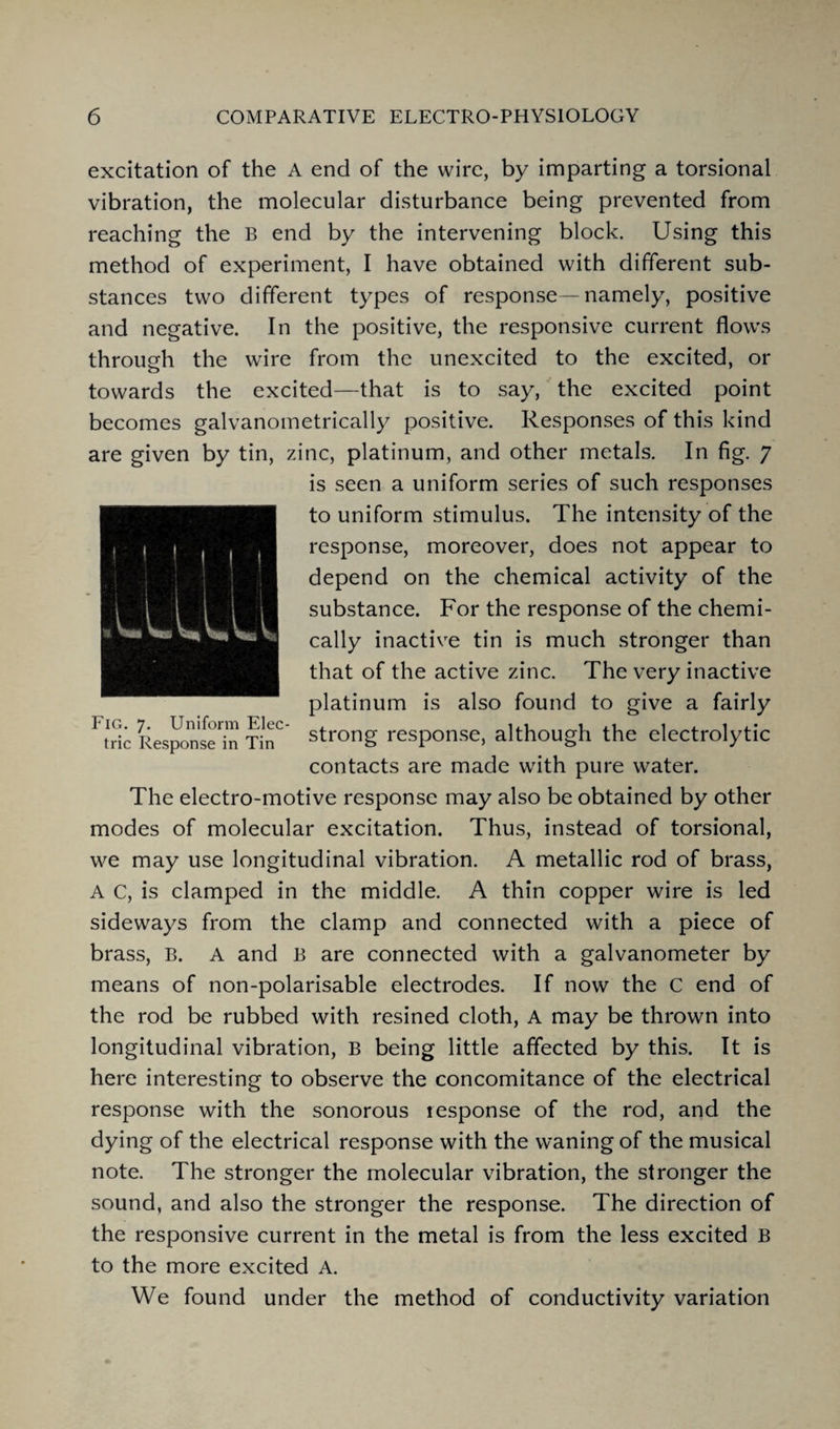 excitation of the A end of the wire, by imparting a torsional vibration, the molecular disturbance being prevented from reaching the B end by the intervening block. Using this method of experiment, I have obtained with different sub¬ stances two different types of response—namely, positive and negative. In the positive, the responsive current flows through the wire from the unexcited to the excited, or towards the excited—that is to say, the excited point becomes galvanometrically positive. Responses of this kind are given by tin, zinc, platinum, and other metals. In fig. 7 is seen a uniform series of such responses to uniform stimulus. The intensity of the response, moreover, does not appear to depend on the chemical activity of the substance. For the response of the chemi¬ cally inactive tin is much stronger than that of the active zinc. The very inactive platinum is also found to give a fairly strong response, although the electrolytic contacts are made wfith pure water. The electro-motive response may also be obtained by other modes of molecular excitation. Thus, instead of torsional, we may use longitudinal vibration. A metallic rod of brass, A C, is clamped in the middle. A thin copper wire is led sideways from the clamp and connected with a piece of brass, B. A and B are connected with a galvanometer by means of non-polarisable electrodes. If now the C end of the rod be rubbed with resined cloth, A may be thrown into longitudinal vibration, B being little affected by this. It is here interesting to observe the concomitance of the electrical response with the sonorous response of the rod, and the dying of the electrical response with the waning of the musical note. The stronger the molecular vibration, the stronger the sound, and also the stronger the response. The direction of the responsive current in the metal is from the less excited B to the more excited A. We found under the method of conductivity variation Fig. 7. Uniform Elec¬ tric Response in Tin