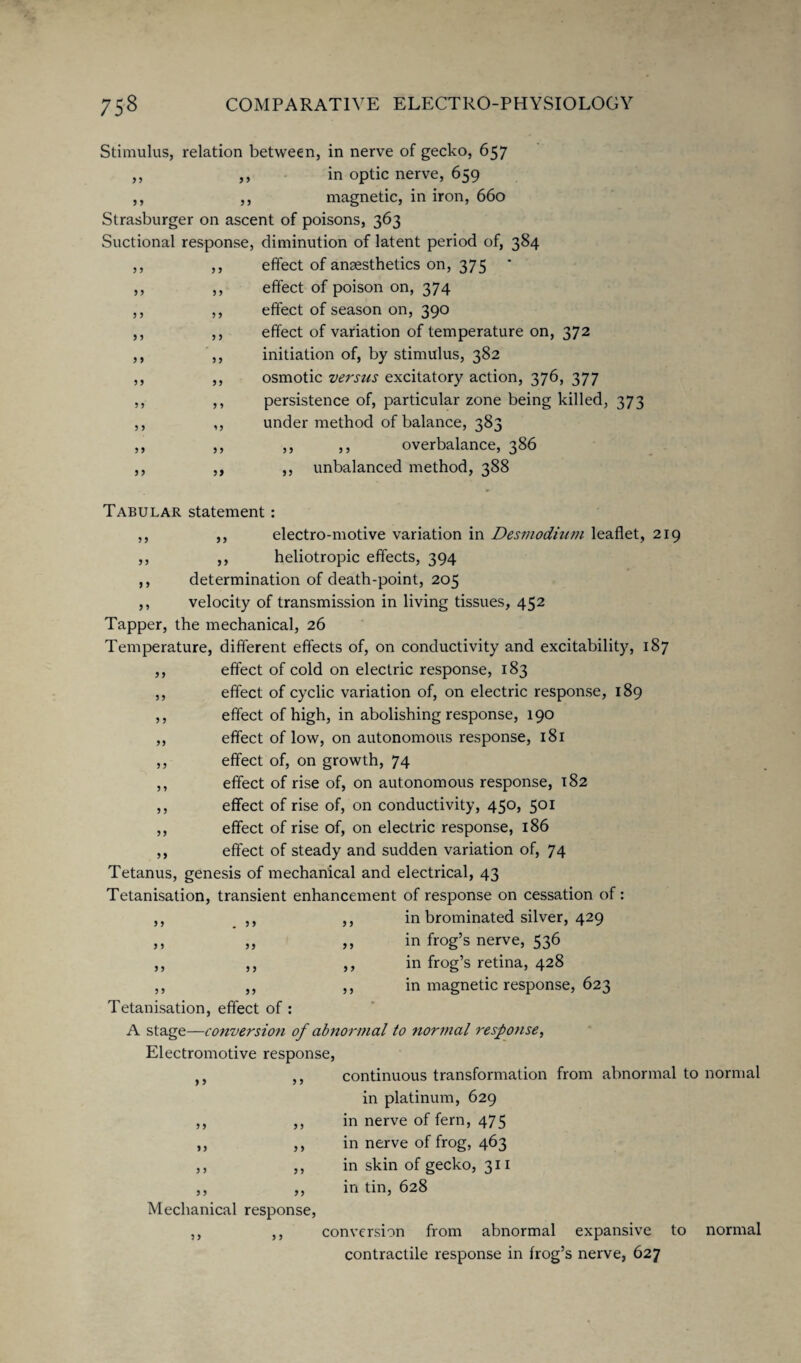 Stimulus, relation between, in nerve of gecko, 657 ,, ,, in optic nerve, 659 ,, ,, magnetic, in iron, 660 Strasburger on ascent of poisons, 363 Suctional response, diminution of latent period of, 384 ,, ,, effect of anaesthetics on, 375 ,, ,, effect of poison on, 374 ,, ,, effect of season on, 390 ,, ,, effect of variation of temperature on, 372 ,, ,, initiation of, by stimulus, 382 ,, ,, osmotic versus excitatory action, 376, 377 ,, ,, persistence of, particular zone being killed, 373 ,, ,, under method of balance, 383 ,, ,, ,, ,, overbalance, 386 ,, ,, ,, unbalanced method, 388 9 9 9 9 Tabular statement : ,, ,, electro-motive variation in Desmodium leaflet, 219 ,, ,, heliotropic effects, 394 determination of death-point, 205 velocity of transmission in living tissues, 452 Tapper, the mechanical, 26 Temperature, different effects of, on conductivity and excitability, 187 effect of cold on electric response, 183 effect of cyclic variation of, on electric response, 189 effect of high, in abolishing response, 190 effect of low, on autonomous response, 181 effect of, on growth, 74 effect of rise of, on autonomous response, 182 effect of rise of, on conductivity, 450, 501 effect of rise of, on electric response, 186 effect of steady and sudden variation of, 74 Tetanus, genesis of mechanical and electrical, 43 Tetanisation, transient enhancement of response on cessation of: in brominated silver, 429 in frog’s nerve, 536 in frog’s retina, 428 ,, ,, in magnetic response, 623 Tetanisation, effect of : A stage—conversion of abnormal to normal response, Electromotive response, continuous transformation from abnormal to normal in platinum, 629 in nerve of fern, 475 in nerve of frog, 463 in skin of gecko, 311 in tin, 628 9 9 99 9 9 99 9 9 9 9 9 9 99 99 9 9 9 9 99 9 9 99 9 9 9 9 9 9 9 9 9 9 99 9 9 99 9 9 9 9 9 9 99 Mechanical response, conversion from abnormal expansive to contractile response in frog’s nerve, 627 normal
