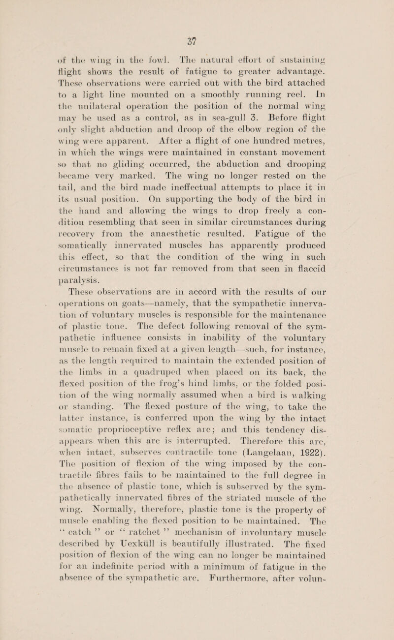3? of the wing in the fowl. The natural effort of sustaining flight shows the result of fatigue to greater advantage. These observations were carried out with the bird attached to a light line mounted on a smoothly running reel. In the unilateral operation the position of the normal wing may be used as a control, as in sea-gull 3. Before flight only slight abduction and droop of the elbow region of the wing were apparent. After a flight of one hundred metres, in which the wings were maintained in constant movement so that no gliding occurred, the abduction and drooping became very marked. The wing no longer rested on the tail, and the bird made ineffectual attempts to place it in its usual position. On supporting the body of the bird in the hand and allowing the wings to drop freely a con¬ dition resembling that seen in similar circumstances during recovery from the anaesthetic resulted. Fatigue of the somatically innervated muscles has apparently produced this effect, so that the condition of the wing in such circumstances is not far removed from that seen in flaccid paralysis. These observations are in accord with the results of our operations on goats—namely, that the sympathetic innerva¬ tion of voluntary muscles is responsible for the maintenance of plastic tone. The defect following removal of the sym¬ pathetic influence consists in inability of the voluntary muscle to remain fixed at a given length—such, for instance, as the length required to maintain the extended position of the limbs in a quadruped when placed on its back, the flexed position of the frog’s hind limbs, or the folded posi¬ tion of the wing normally assumed when a bird is walking or standing. The flexed posture of the wing, to take the latter instance, is conferred upon the wing by the intact somatic proprioceptive reflex arc; and this tendency dis¬ appears when this arc is interrupted. Therefore this arc, when intact, subserves contractile tone (Langelaan, 1922). The position of flexion of the wing imposed by the con¬ tractile fibres fails to be maintained to the full degree in the absence of plastic tone, which is subserved by the sym¬ pathetically innervated fibres of the striated muscle of the wing. Normally, therefore, plastic tone is the property of muscle enabling the flexed position to be maintained. The “ catch ” or “ ratchet ” mechanism of involuntary muscle described by Uexkiill is beautifully illustrated. The fixed position of flexion of the wing can no longer be maintained for an indefinite period with a minimum of fatigue in the absence of the sympathetic arc. Furthermore, after volun-