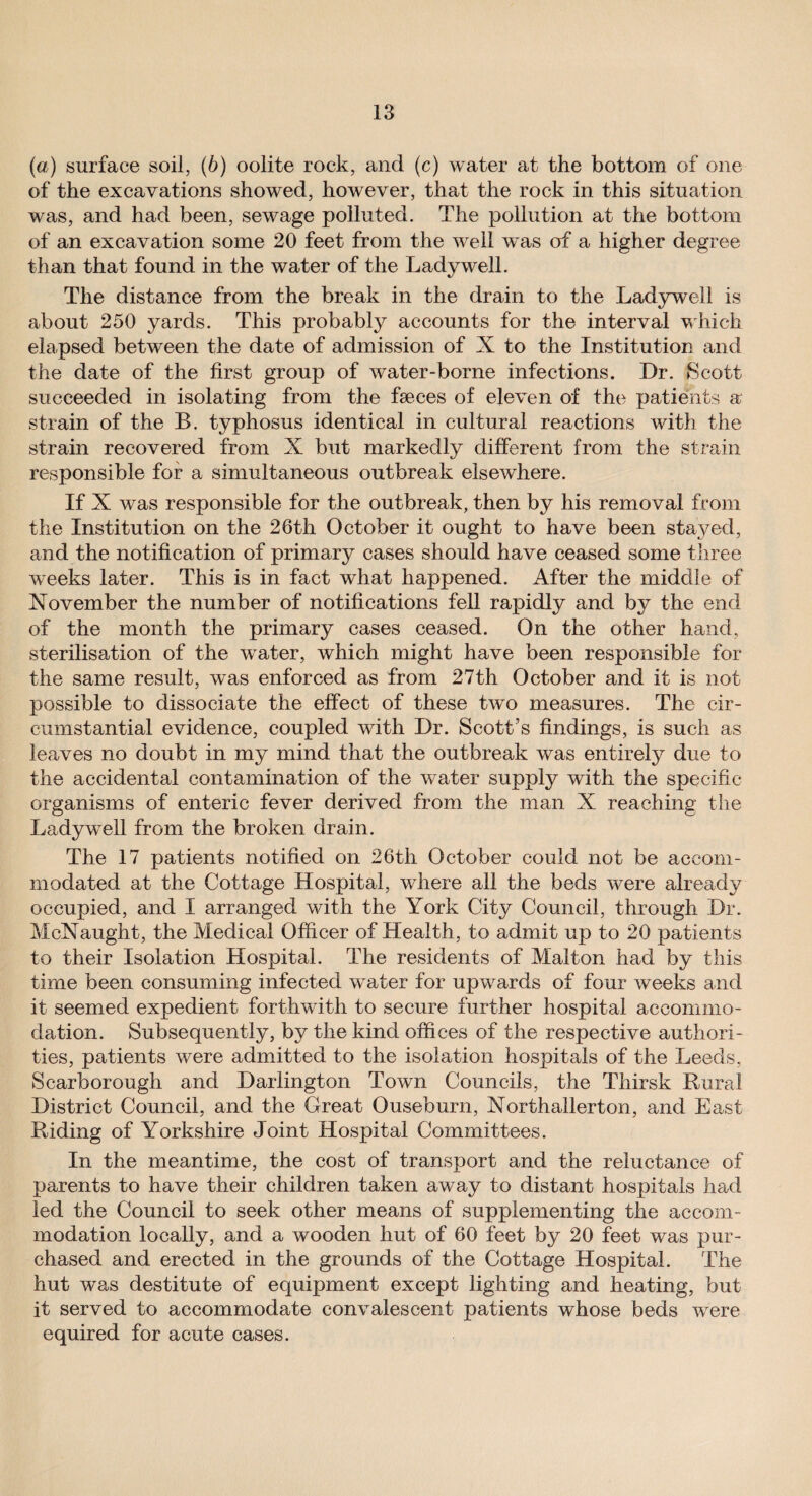 (a) surface soil, (6) oolite rock, and (c) water at the bottom of one of the excavations showed, however, that the rock in this situation was, and had been, sewage polluted. The pollution at the bottom of an excavation some 20 feet from the well was of a higher degree than that found in the water of the Lady well. The distance from the break in the drain to the Ladyweil is about 250 yards. This probabty accounts for the interval which elapsed between the date of admission of X to the Institution and the date of the first group of water-borne infections. Dr. Scott succeeded in isolating from the faeces of eleven of the patients a strain of the B. typhosus identical in cultural reactions with the strain recovered from X but markedly different from the strain responsible for a simultaneous outbreak elsewhere. If X was responsible for the outbreak, then by his removal from the Institution on the 26th October it ought to have been stayed, and the notification of primary cases should have ceased some three weeks later. This is in fact what happened. After the middle of November the number of notifications fell rapidly and by the end of the month the primary cases ceased. On the other hand, sterilisation of the water, which might have been responsible for the same result, was enforced as from 27th October and it is not possible to dissociate the effect of these two measures. The cir¬ cumstantial evidence, coupled with Dr. Scott’s findings, is such as leaves no doubt in my mind that the outbreak was entirely due to the accidental contamination of the water supply with the specific organisms of enteric fever derived from the man X reaching the Ladyweil from the broken drain. The 17 patients notified on 26th October could not be accom¬ modated at the Cottage Hospital, where all the beds were already occupied, and I arranged with the York City Council, through Dr. McNaught, the Medical Officer of Health, to admit up to 20 patients to their Isolation Hospital. The residents of Malton had by this time been consuming infected water for upwards of four weeks and it seemed expedient forthwith to secure further hospital accommo¬ dation. Subsequently, by the kind offices of the respective authori¬ ties, patients were admitted to the isolation hospitals of the Leeds, Scarborough and Darlington Town Councils, the Thirsk Rural District Council, and the Great Ouseburn, Northallerton, and East Riding of Yorkshire Joint Hospital Committees. In the meantime, the cost of transport and the reluctance of parents to have their children taken away to distant hospitals had led the Council to seek other means of supplementing the accom¬ modation locally, and a wooden hut of 60 feet by 20 feet was pur¬ chased and erected in the grounds of the Cottage Hospital. The hut was destitute of equipment except lighting and heating, but it served to accommodate convalescent patients whose beds were equired for acute cases.