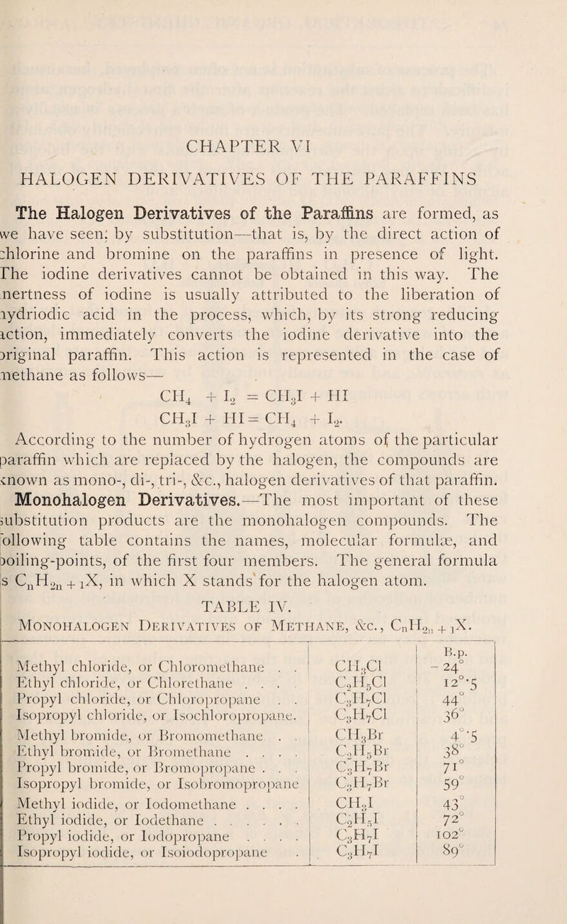 HALOGEN DERIVATIVES OF THE PARAFFINS The Halogen Derivatives of the Paraffins are formed, as we have seen: by substitution—that is, by the direct action of :hlorine and bromine on the paraffins in presence of light. Phe iodine derivatives cannot be obtained in this way. The nertness of iodine is usually attributed to the liberation of lydriodic acid in the process, which, by its strong reducing iction, immediately converts the iodine derivative into the Driginal paraffin. This action is represented in the case of methane as follows— CH4 + I2 = CH3I + HI CH3I + HI = CPI4 + I2. According to the number of hydrogen atoms of the particular paraffin which are replaced by the halogen, the compounds are •mown as mono-, di-, tri-, &c., halogen derivatives of that paraffin. Monohalogen Derivatives.—The most important of these substitution products are the monohalogen compounds. The 'ollowing table contains the names, molecular formulae, and ooiling-points, of the first four members. The general formula s CnH2n + iX, in which X stands' for the halogen atom. TABLE IV. Monohalogen Derivatives of Methane, &c., CnH2n + 1X. B.p. Methyl chloride, or Chloromelhane . . Cl I ,Cl -24u Ethyl chloride, or Chlorethane ... Propyl chloride, or Chloropropane . . CoH5C1 I 2°-5 CdRCl 44° Isopropyl chloride, or Isochloropropane. C,HVC1 36° Methyl bromide, or Bromomethane . . CH3B1- 4°'5 Ethvl bromide, or Bromethane .... CoH5Br 38° Propyl bromide, or Bromopropane . . . C3HvBr 7i° Isopropyl bromide, or Isobromopropane CjIRBr 59° Methyl iodide, or Iodomethane .... CH3I 43° Ethyl iodide, or Iodethane. c2h5i 7 20 Propyl iodide, or lodopropane .... C3H7I 102° Isopropyl iodide, or Isoiodopropane C3H7I So