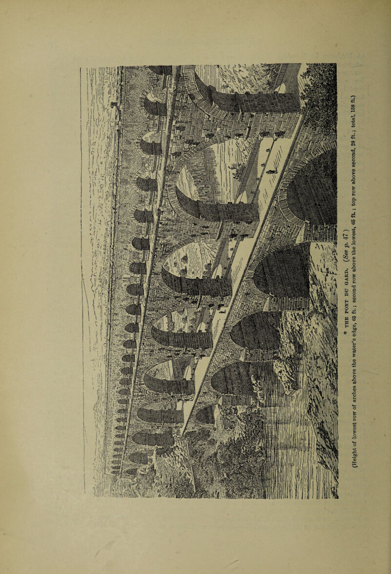 * THE PONT DU GARD. (See p. 47 ) (Height of lowest row of arches above the water’s edge, 65 ft.; second row above the lowest, 65 ft.; top row above second, 28 ft.; total, 158 ft.)