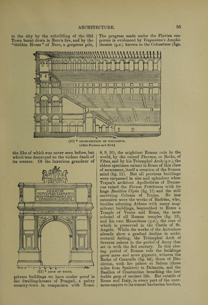 to the city by the rebuilding of the Old Town burnt down in Nero’s fire, and by the “Golden House” of Nero, a gorgeous pile, The progress made under the Flavian em¬ perors is evidenced by Vespasian's Amphi¬ theatre {q.v.) known as the Colosseum (figs. (10) * CROSS-SECTION OF COLOSSEUM. (After Fontana and Hirt.) the like of which was never seen before, but which was destroyed on the violent death of its creator. Of the luxurious grandeur of (11) * ARCH OF TITUS. private buildings we have ocular proof in the dwelling-houses of Pompeii, a paltry country-town in comparison with Rome. 8, 9, 10), the mightiest Roman ruin in the world, by the ruined Thermoe, or Baths, of Titus, and by his Triumphal Arch (q.v.), the oldest specimen extant in Rome of this class of monument, itself a creation of the Roman mind (fig. 11). But all previous buildings were surpassed in size and splendour when Trajan’s architect Apollodorus of Damas¬ cus raised the Forum Trdidnum with its huge Basilica TJlpia (fig. 12) and the still surviving Column of Trajan. No less extensive were the works of Hadrian, who, besides adorning Athens with many mag¬ nificent buildings, bequeathed to Rome a Temple of Venus and Roma, the most colossal of all Roman temples (fig. 13), and his own Mausoleum (q.v.), the core of which is preserved in the Castle of St. Angelo. While the works of the Antonines already show a gradual decline in archi¬ tectural feeling, the Triumphal Arch of Severus ushers in the period of decay that set in with the 3rd century. In this clos¬ ing period of Roman rule the buildings grow more and more gigantic, witness the Baths of Caracalla (fig. 14), those of Dio¬ cletian, with his palace at Salona (three miles from Spalatro) in Dalmatia, and the Basilica of Constantine breathing the last feeble gasp of ancient life. But outside of Rome and Italy, in every part of the enor¬ mous empire to its utmost barbarian borders,