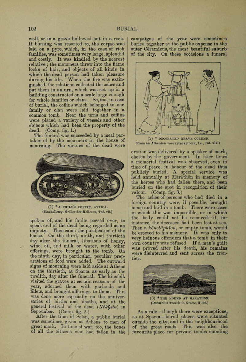 wall, or in a grave hollowed out in a rock. If burning was resorted to, the corpse was laid on a pyre, which, in the case of rich families, was sometimes very large, splendid and costly. It was kindled by the nearest relative ; the mourners threw into the flame locks of hair, and objects of all kinds in which the dead person had taken pleasure during his life. When the fire was extin¬ guished, the relations collected the ashes and put them in an urn, which was set up in a building constructed on a scale large enough for whole families or clans. So, too, in case of burial, the coffins which belonged to one family or clan were laid together in a common tomb. Near the urns and coffins were placed a variety of vessels and other objects which had been the property of the dead. (Comp. fig. 1.) The funeral was succeeded by a meal par¬ taken of by the mourners in the house of mourning. The virtues of the dead were (1) *A child’s COFFIN, ATTICA. (Stackelberg, Graber der Hellenen, Taf. vii.) spoken of, and his faults passed over, to speak evil of the dead being regarded as an impiety. Then came the purification of the house. On the third, ninth, and thirtieth day after the funeral, libations of honey, wine, oil, and milk or water, with other offerings, were brought to the tomb. On the ninth day, in particular, peculiar prep¬ arations of food were added. The outward signs of mourning were laid aside at Athens on the thirtieth, at Sparta as early as the twelfth, day after the funeral. The kinsfolk visited the graves at certain seasons of the year, adorned them with garlands and fillets, and brought offerings to them. This was done more especially on the anniver¬ saries of births and deaths, and at the general festival of the dead (Nekysia) in September. (Comp. fig. 2.) After the time of Solon, a public burial was sometimes given at Athens to men of great mark. In time of war, too, the bones of all the citizens who had fallen in the campaigns of the year were sometimes buried together at the public expense in the outer Ceranncus, the most beautiful suburb of the city. On these occasions a funeral (2) * DECORATED GRAVE COLUMN. From an Athenian vase (Stackelberg, l.c., Taf. xlv.) oration was delivered by a speaker of mark, chosen by the government. In later times a memorial festival was observed, even in time of peace, in honour of the dead thus publicly buried. A special service was held annually at Marathon in memory of the heroes who had fallen there, and been buried on the spot in recognition of their valour. (Comp. fig. 3.) The ashes of persons who had died in a foreign country were, if possible, brought home and laid in a tomb. There were cases in which this was impossible, or in which the body could not be removed—if, for instance, the deceased had been lost at sea. Then a kenotdphion, or empty tomb, would be erected to his memory. It was only to very heinous offenders that a tomb in their own country was refused. If a man’s guilt was proved after his death, his remains were disinterred and sent across the fron¬ tier. (3) * THE MOUND AT MARATHON. (Dodsvell’s Travels in Greece, ii 160.) As a rule—though there were exceptions, as at Sparta—burial places were situated outside the city, and in the neighbourhood of the great roads. This was also the favourite place for private tombs standing